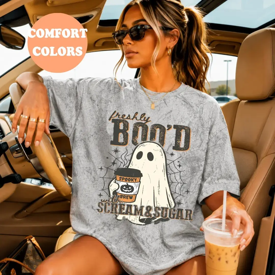 Comfort Colors Freshley Boo'd Coffee Shirt, Trendy Spooky Season Halloween Graphic Tee for Women - photo 3