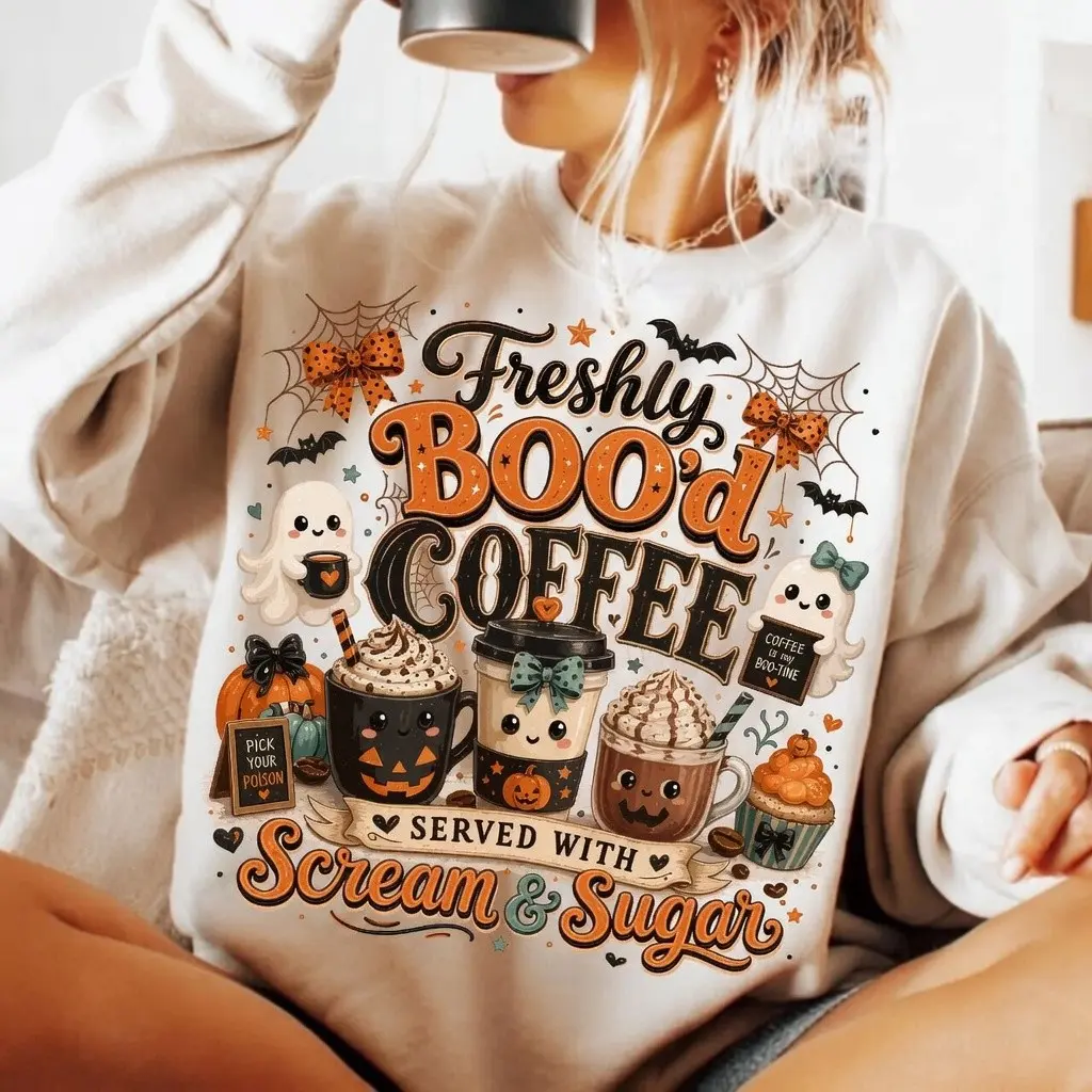 Freshly Boo'd Coffee Halloween Sweatshirt, Cute Ghost Latte Spooky Season Pullover - photo 1