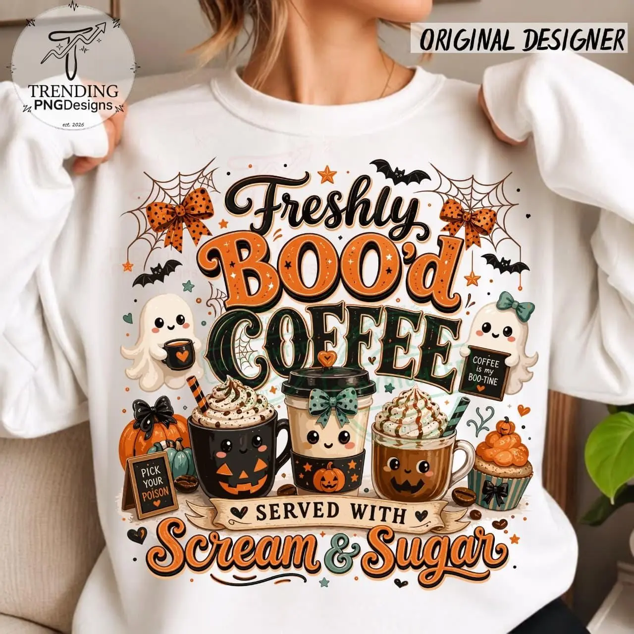 Freshly Boo'd Coffee Halloween Sweatshirt, Cute Ghost Latte Spooky Season Pullover - photo 2
