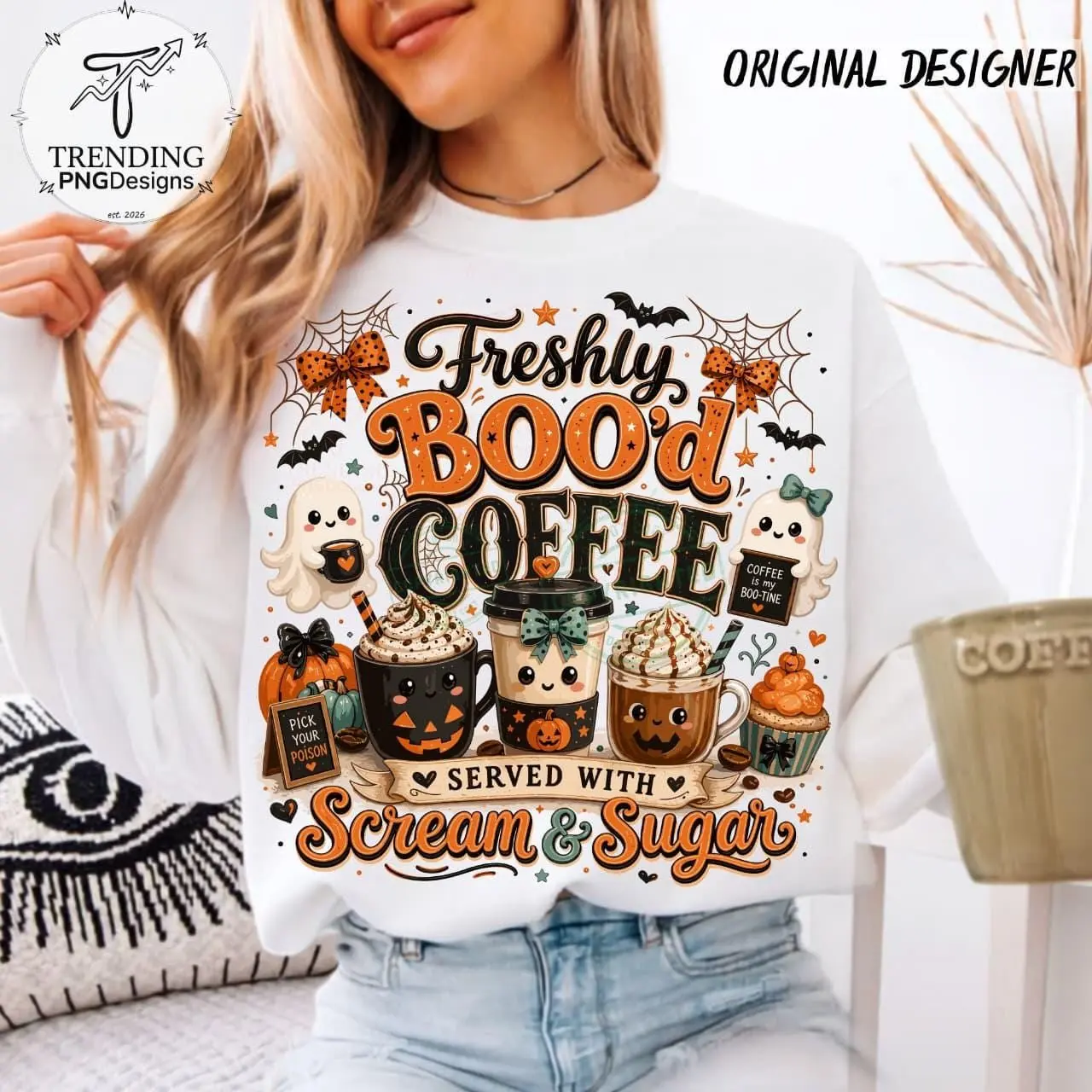 Freshly Boo'd Coffee Halloween Sweatshirt, Cute Ghost Latte Spooky Season Pullover - photo 3