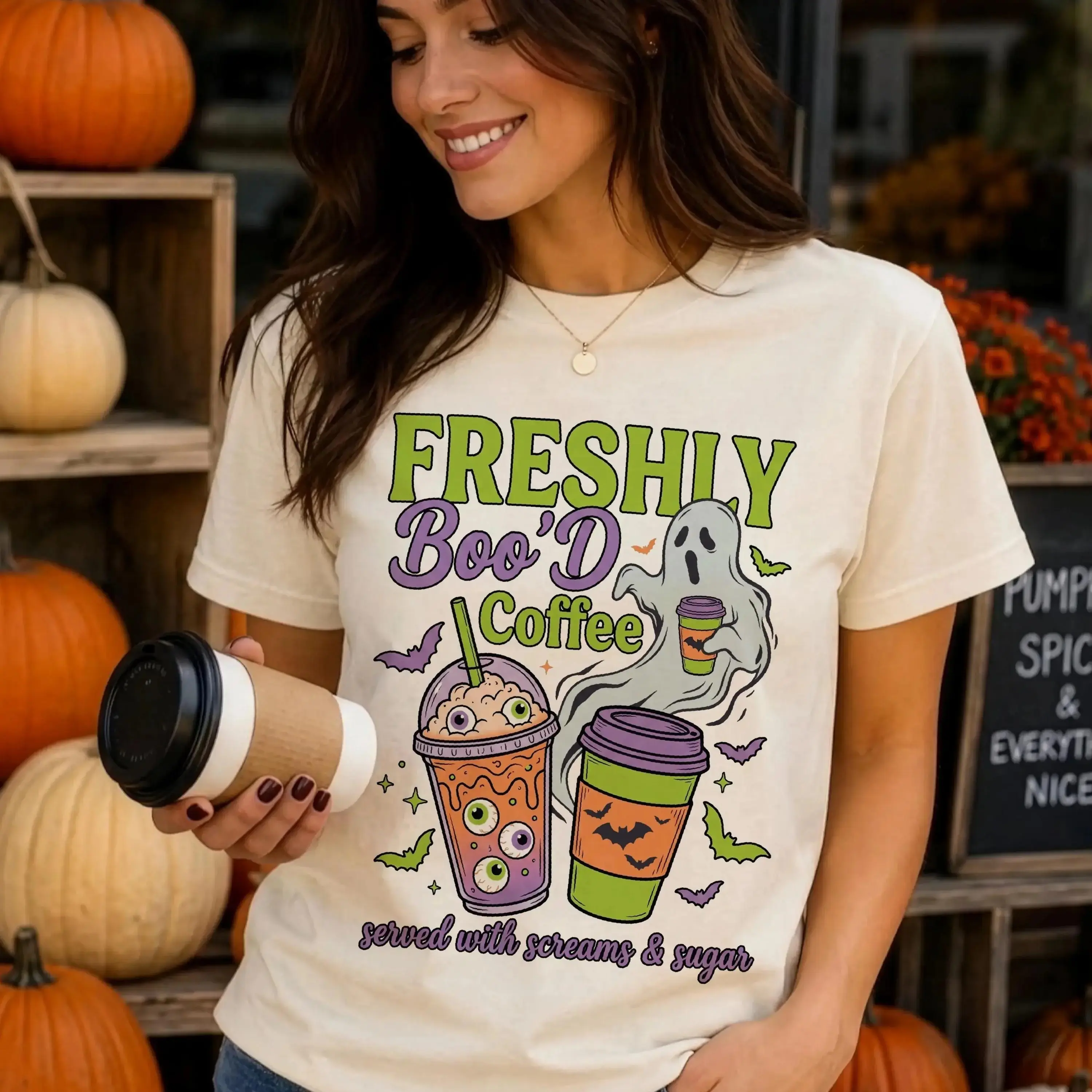Comfort Colors Freshly'd Coffee Club Shirt, Cute Ghost Brew Spooky Season Halloween Fall Tee - photo 2