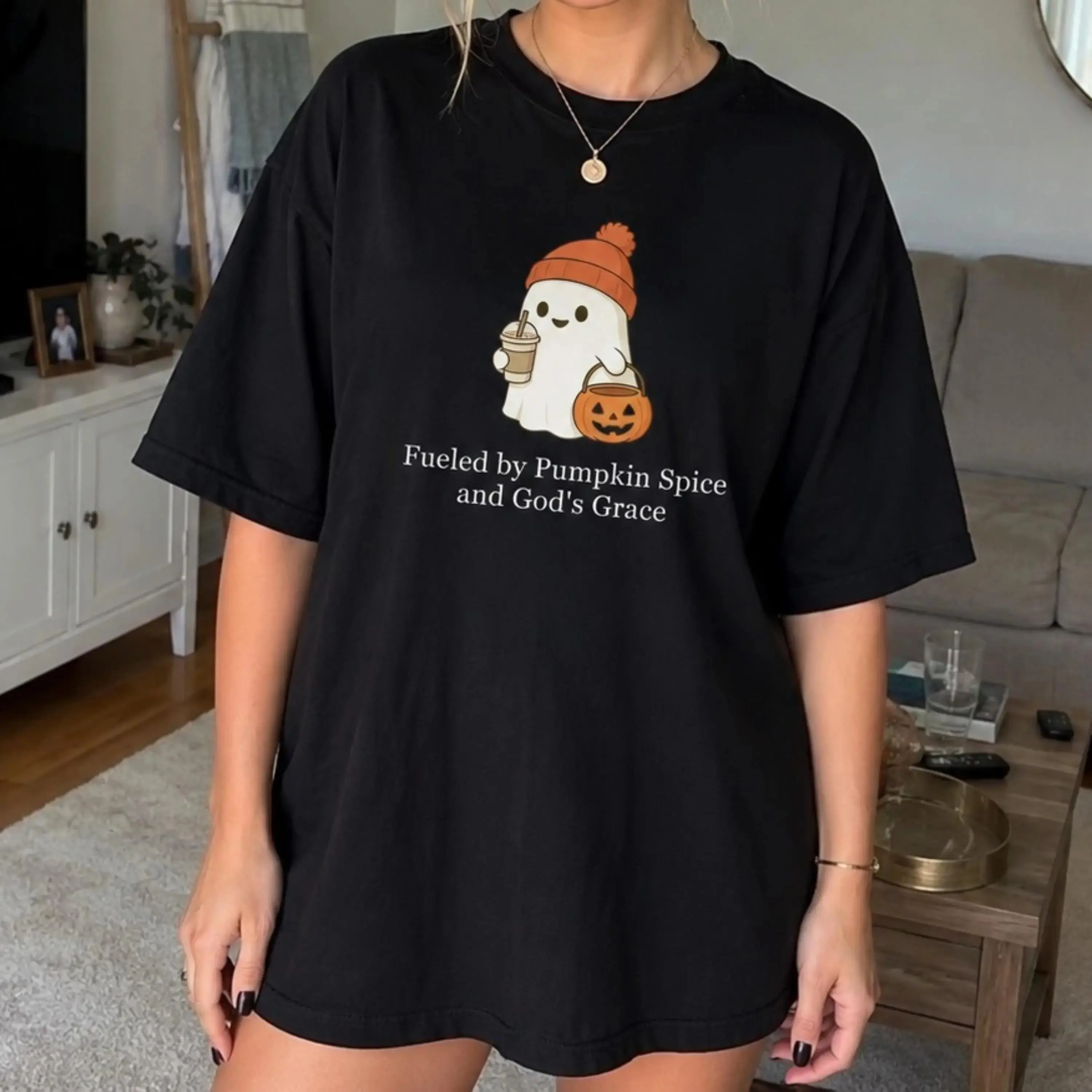 Fueled by Pumpkin Spice and God's Grace Shirt, Christian Faith Cute Ghost Halloween Fall Tee