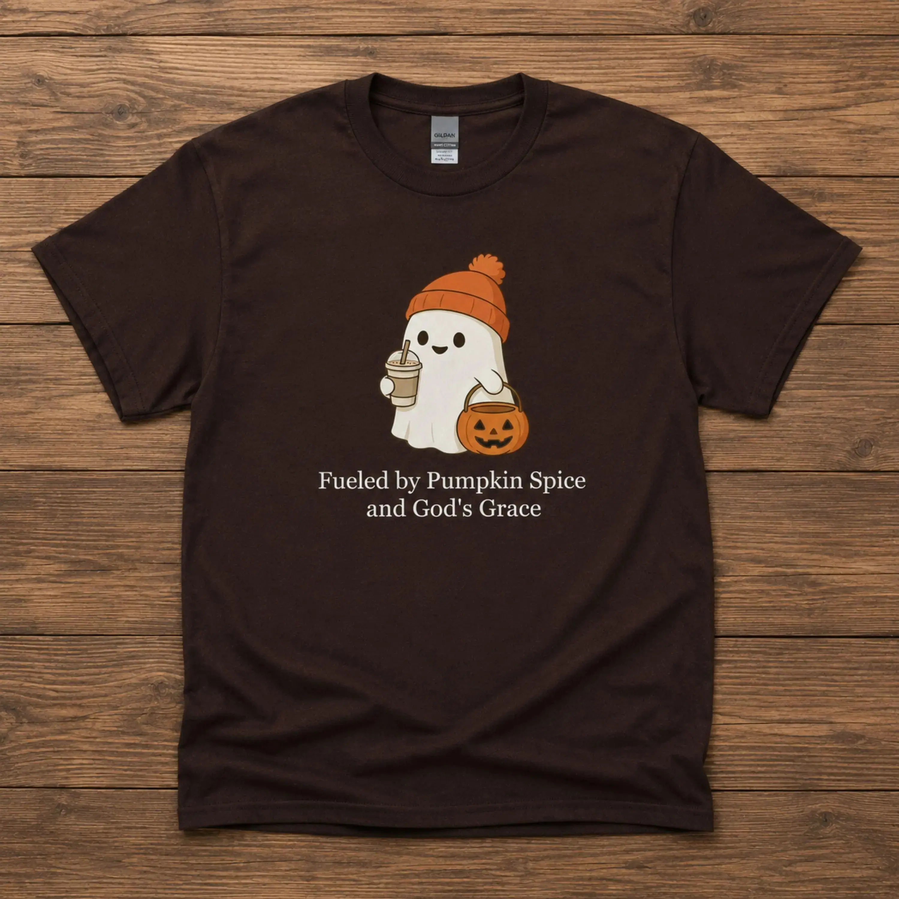 Fueled by Pumpkin Spice and God's Grace Shirt, Christian Faith Cute Ghost Halloween Fall Tee - photo 2
