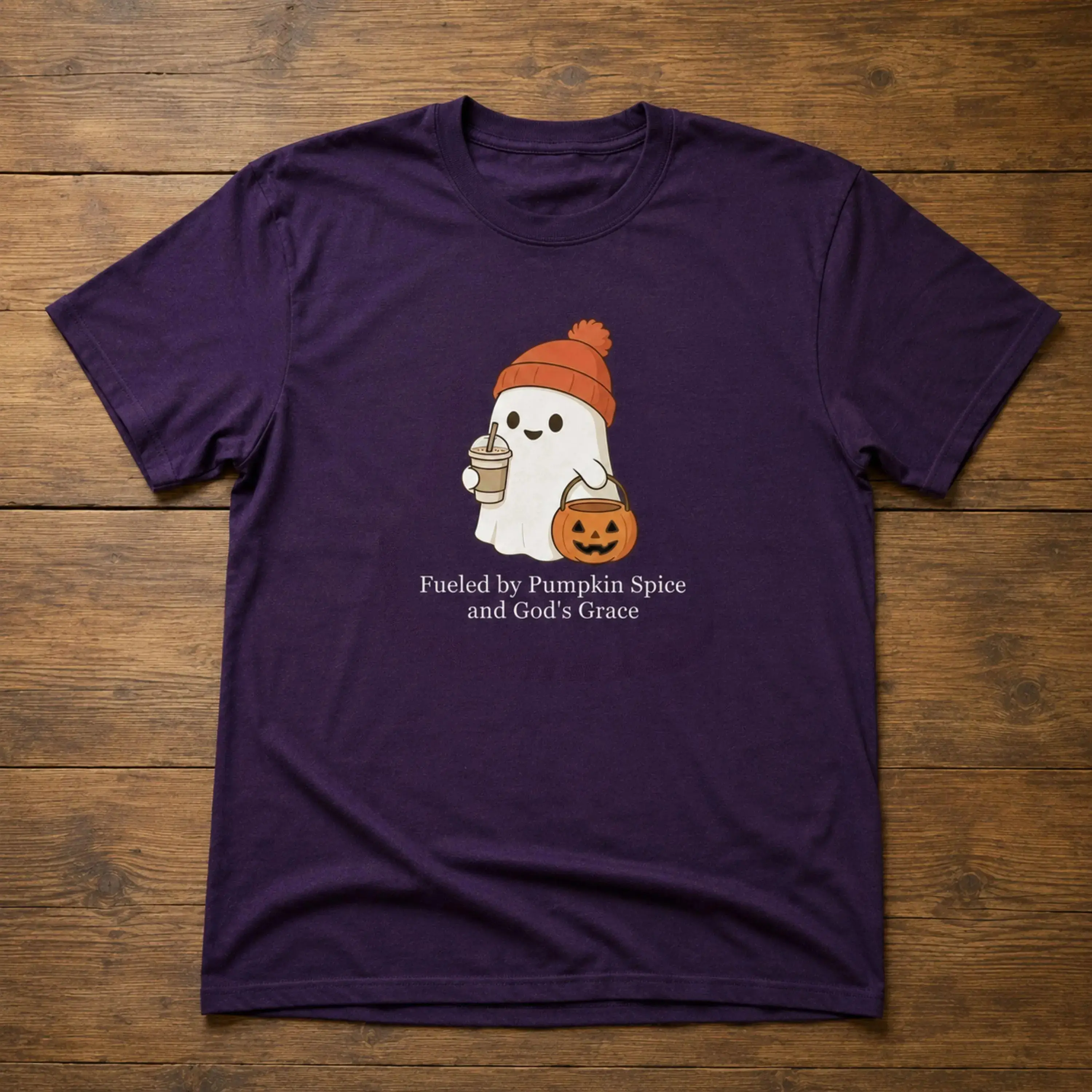 Fueled by Pumpkin Spice and God's Grace Shirt, Christian Faith Cute Ghost Halloween Fall Tee - photo 3