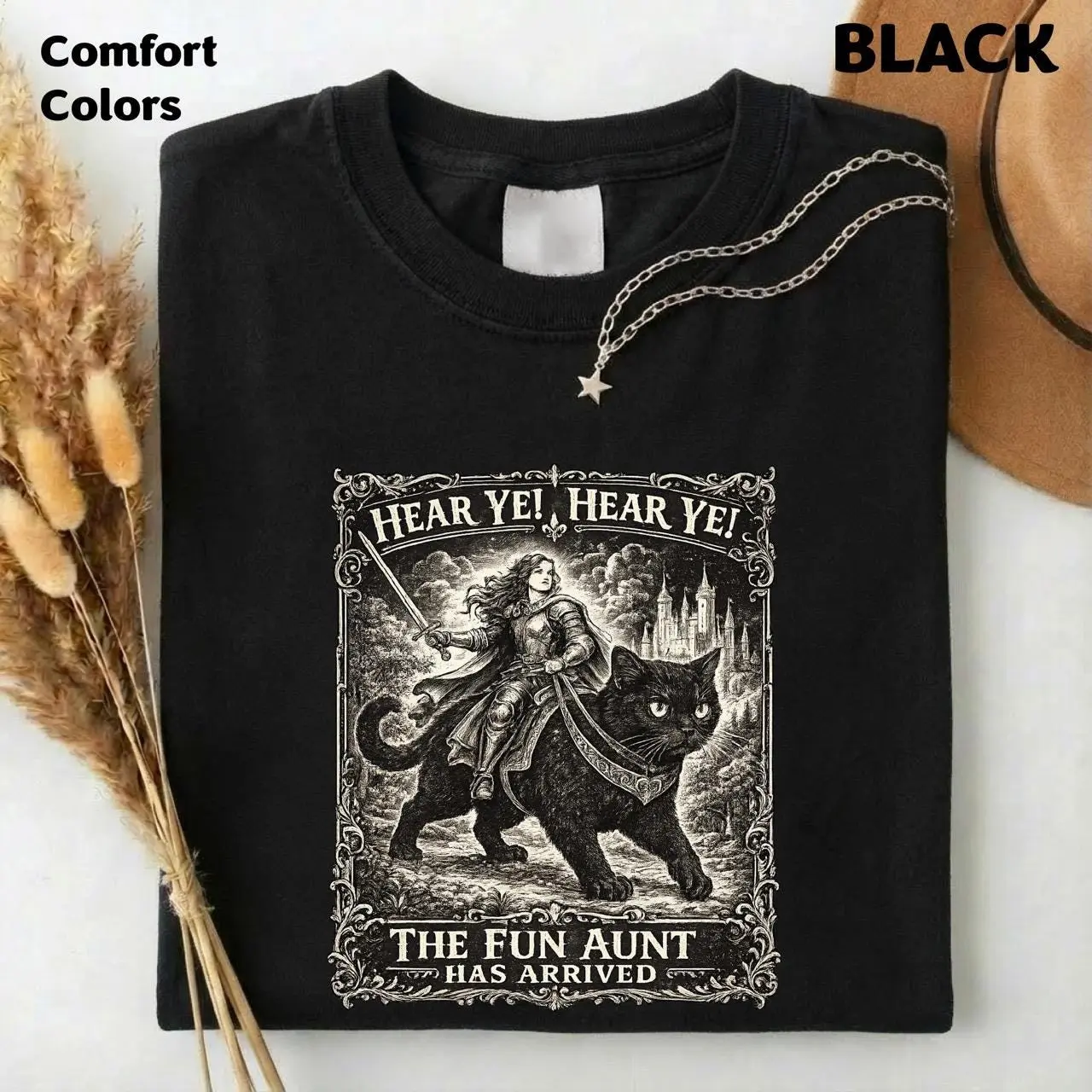 Hear Ye Fun Aunt Has Arrived T-Shirt, Knight Riding Black Cat Funny Auntie Meme Tee, Comfort Colors Gift for Women