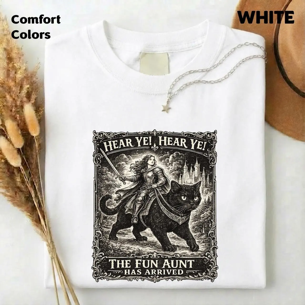 Hear Ye Fun Aunt Has Arrived T-Shirt, Knight Riding Black Cat Funny Auntie Meme Tee, Comfort Colors Gift for Women - photo 2