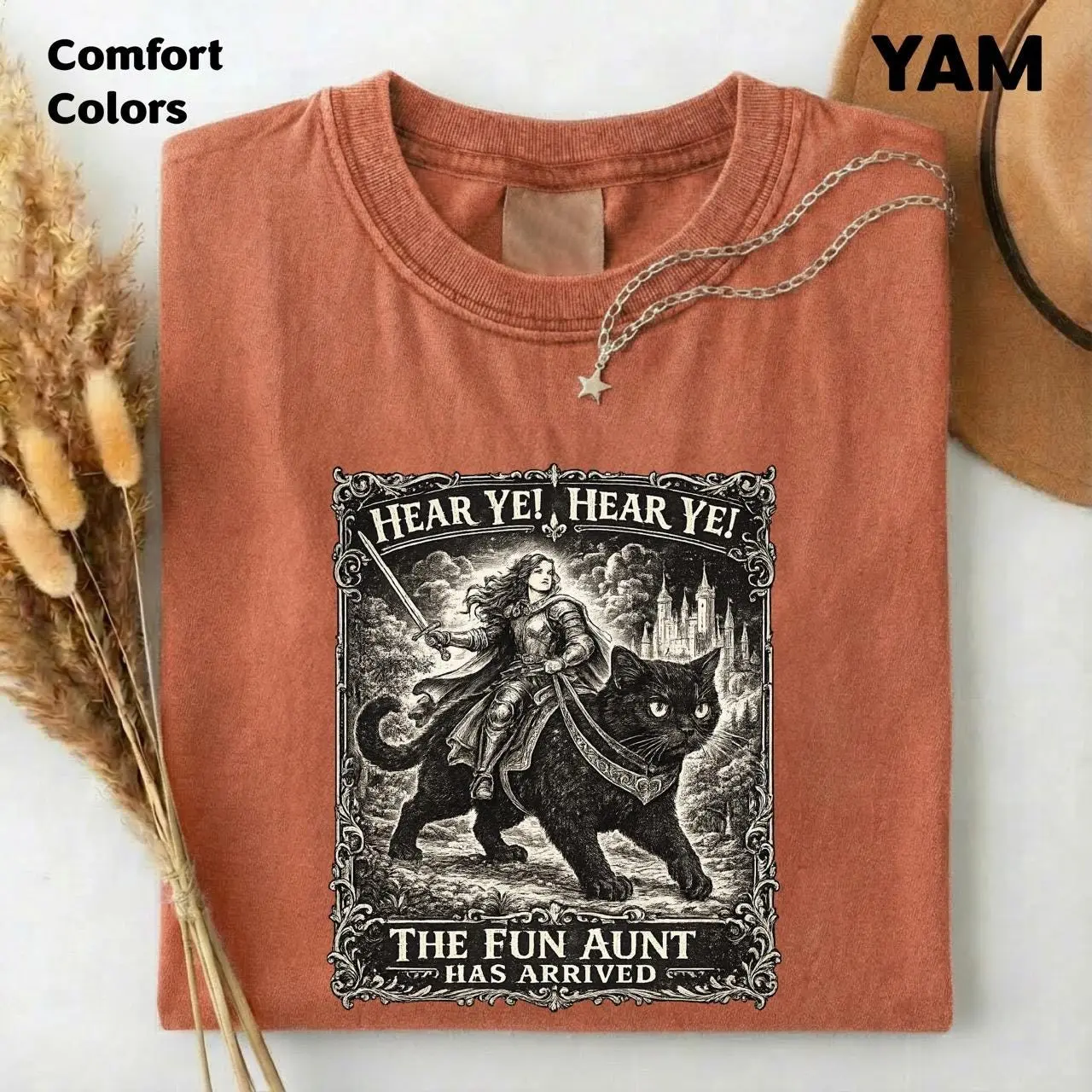 Hear Ye Fun Aunt Has Arrived T-Shirt, Knight Riding Black Cat Funny Auntie Meme Tee, Comfort Colors Gift for Women - photo 3