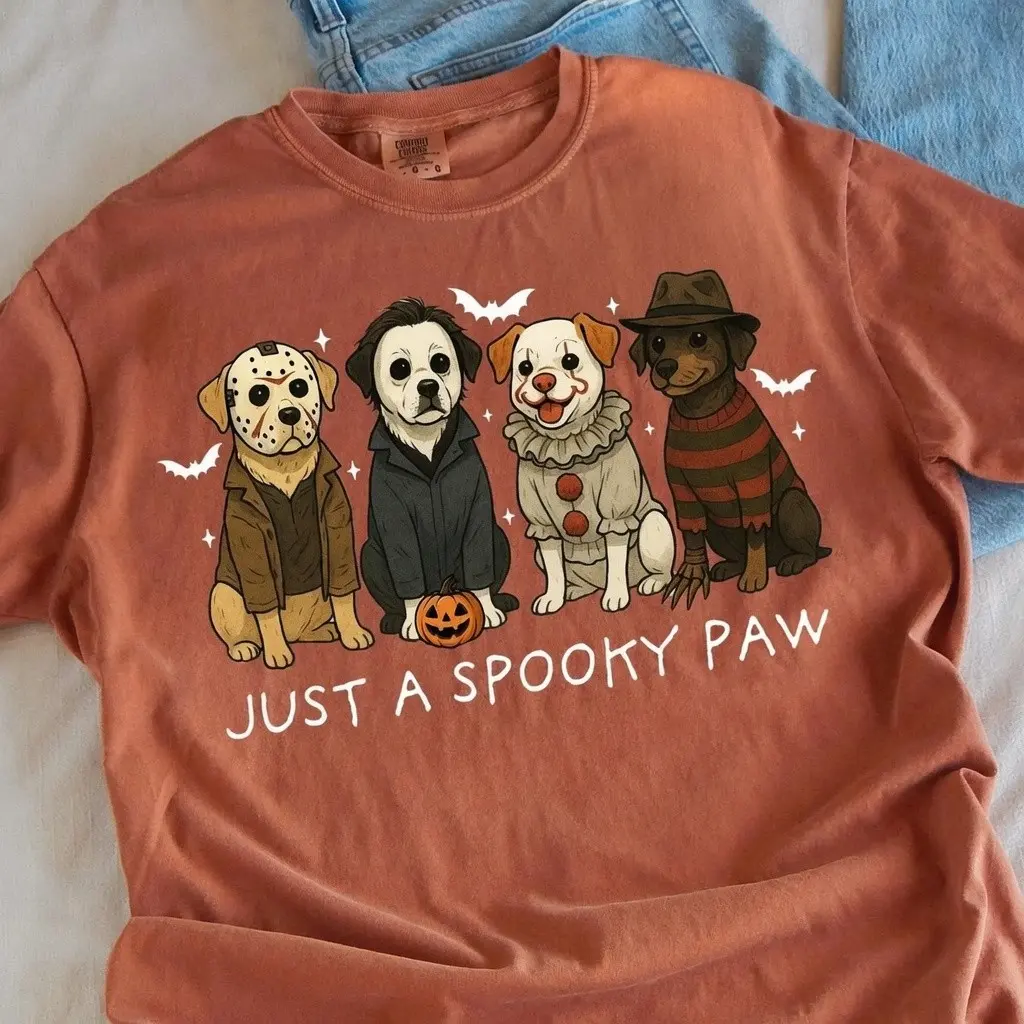 Just a Spooky Paw Shirt, Funny Halloween Dog Characters Comfort Colors Tee, Lover Mama Gift - photo 2