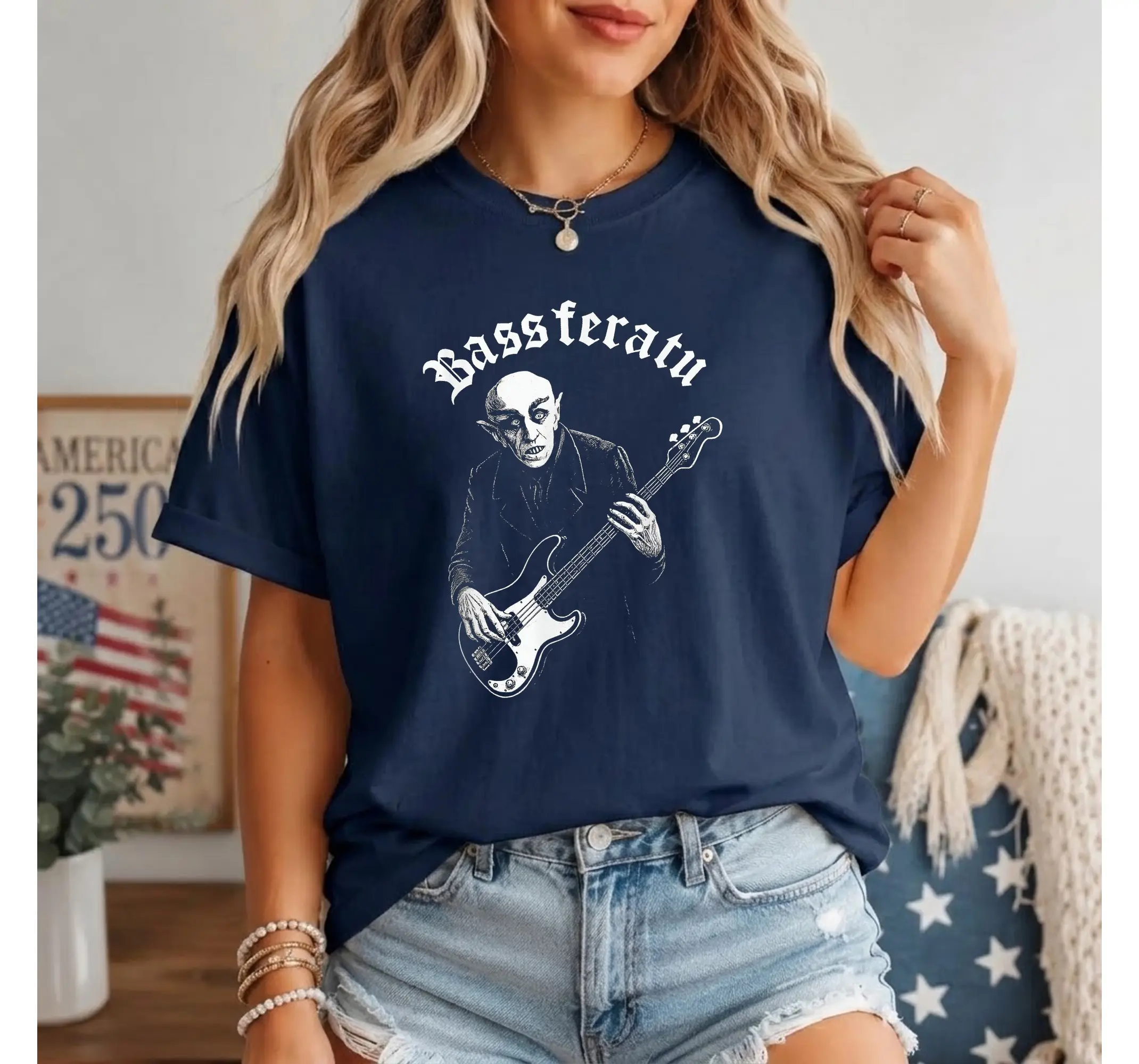 Funny Bassferatu Vampire Bassist Shirt, Goth Horror Halloween Parody Tee - photo 2