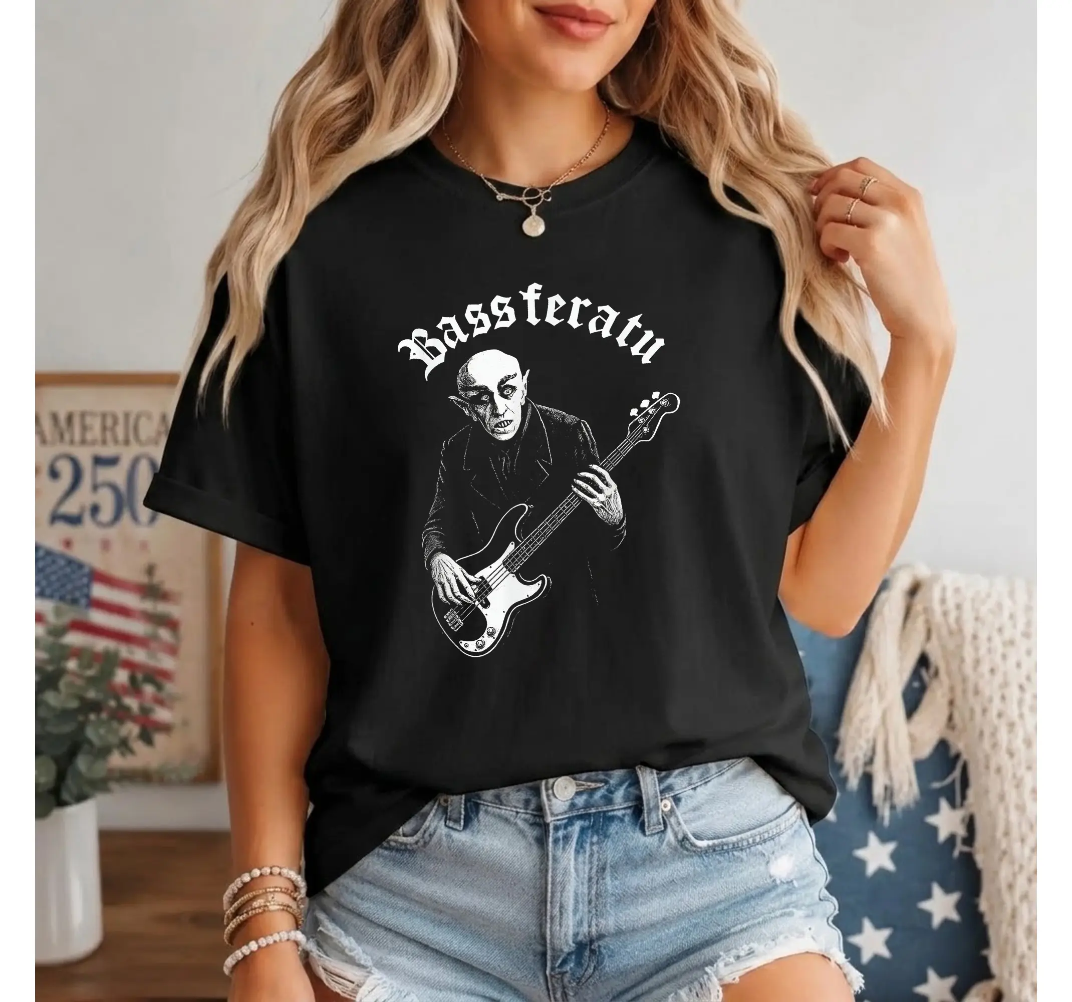 Funny Bassferatu Vampire Bassist Shirt, Goth Horror Halloween Parody Tee - photo 3