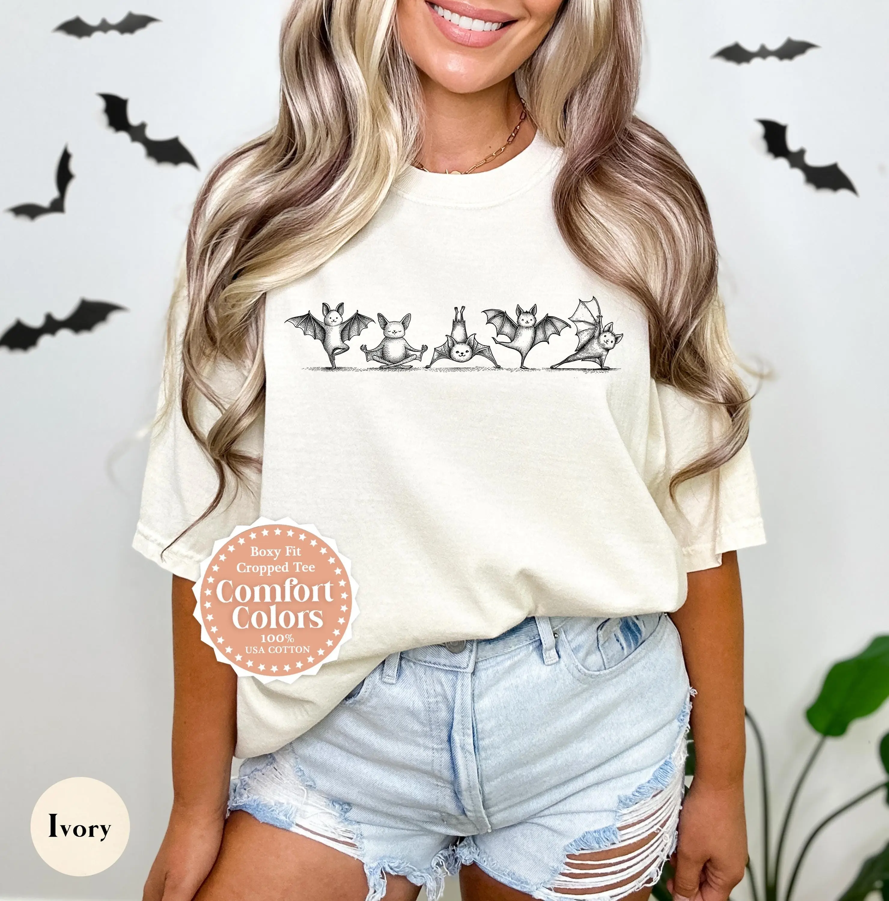 Funny Bat Yoga Shirt, Comfort Colors Minimalist Halloween Tee, Cute Witchy Namaste Meditation Lover Gift Top - photo 2
