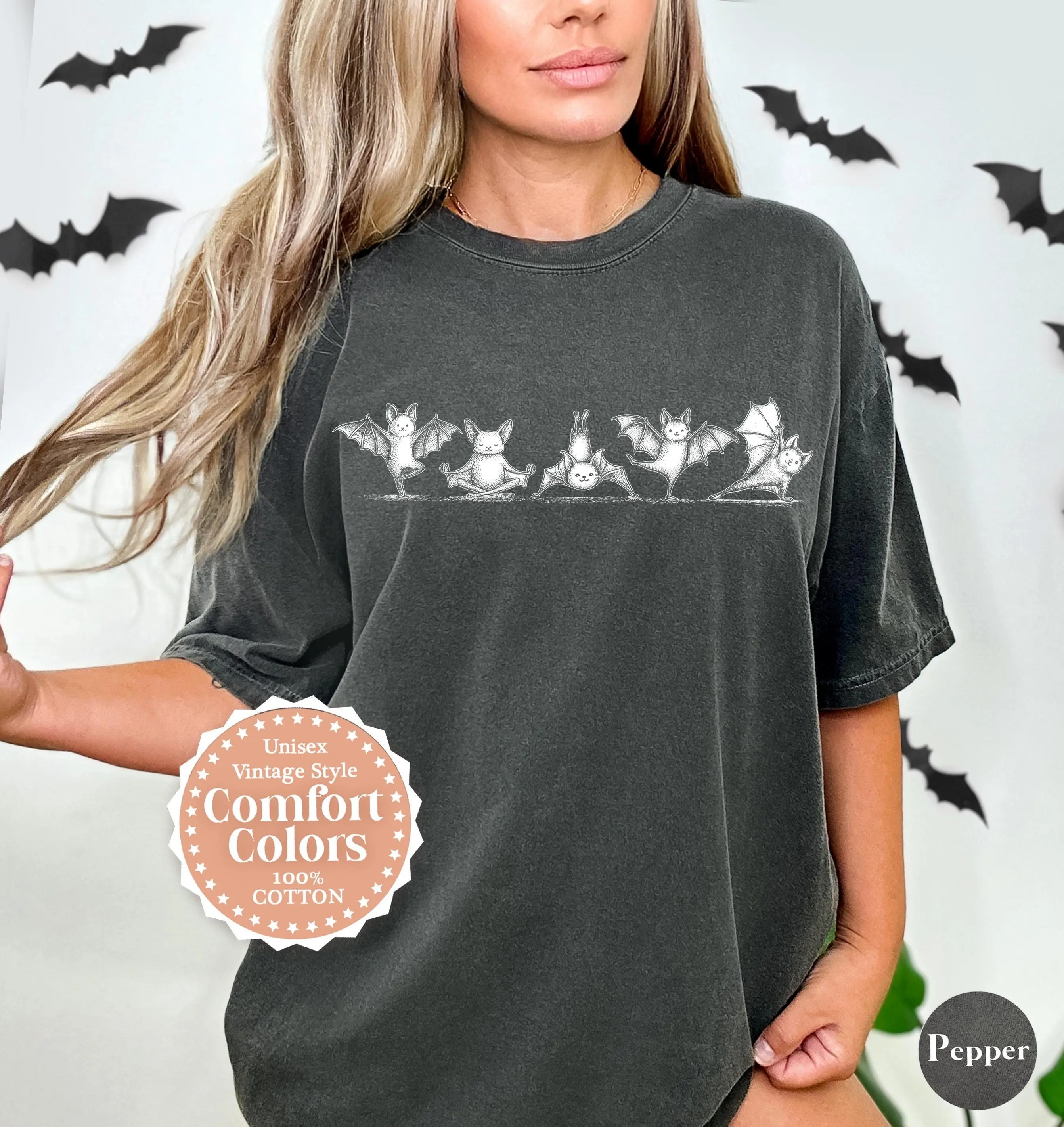 Funny Bat Yoga Shirt, Comfort Colors Minimalist Halloween Tee, Cute Witchy Namaste Meditation Lover Gift Top - photo 4