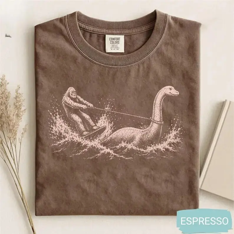 Comfort Colors Funny Bigfoot Loch Ness Monster Shirt, Cryptid Waterskiing Sasquatch Summer Graphic Tee - photo 2