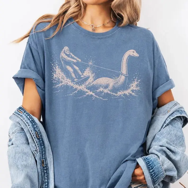 Comfort Colors Funny Bigfoot Loch Ness Monster Shirt, Cryptid Waterskiing Sasquatch Summer Graphic Tee - photo 4