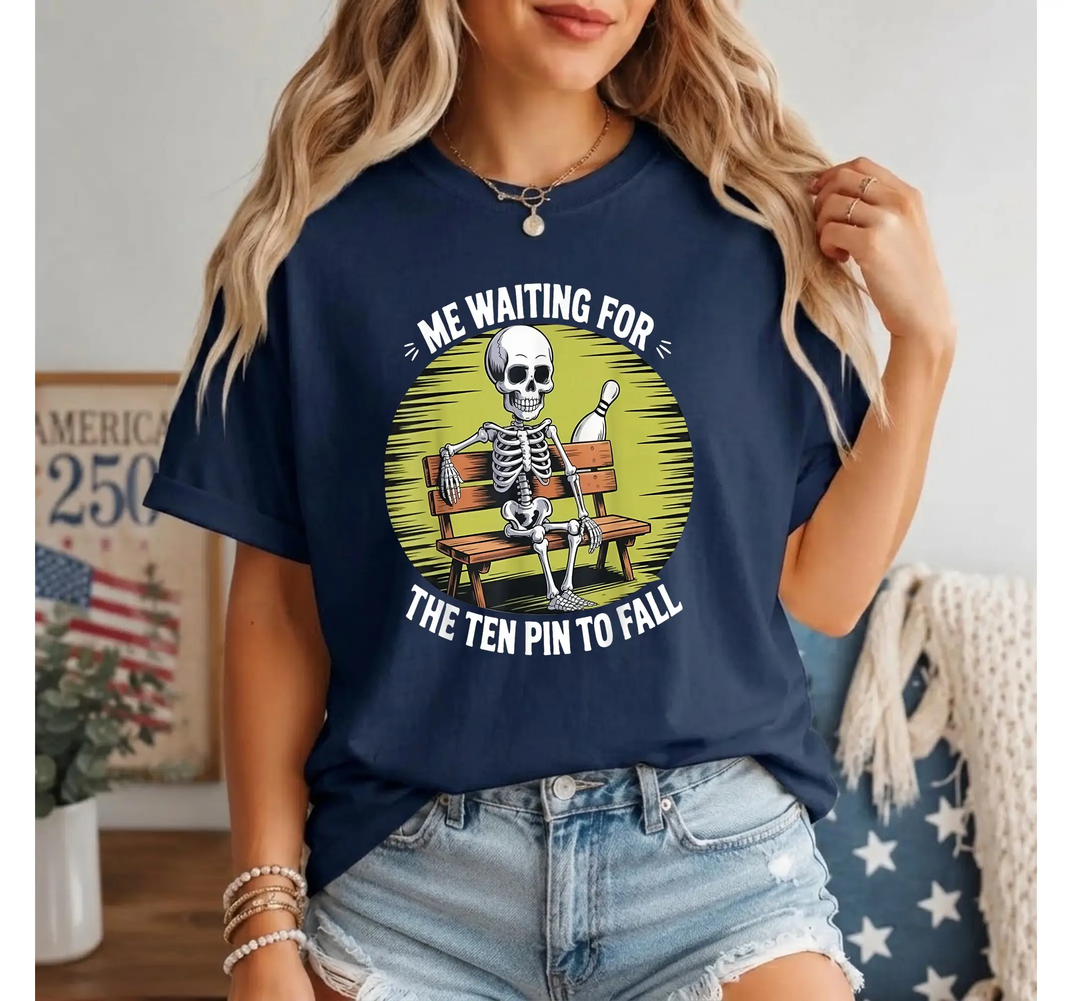 Funny Bowling Skeleton Shirt, Ten Pin Waiting Graphic Tee Humorous Bowler Gift