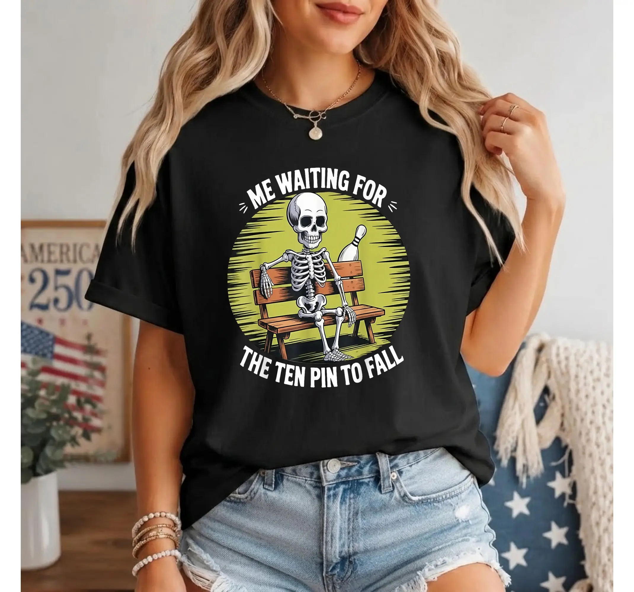 Funny Bowling Skeleton Shirt, Ten Pin Waiting Graphic Tee Humorous Bowler Gift - photo 2