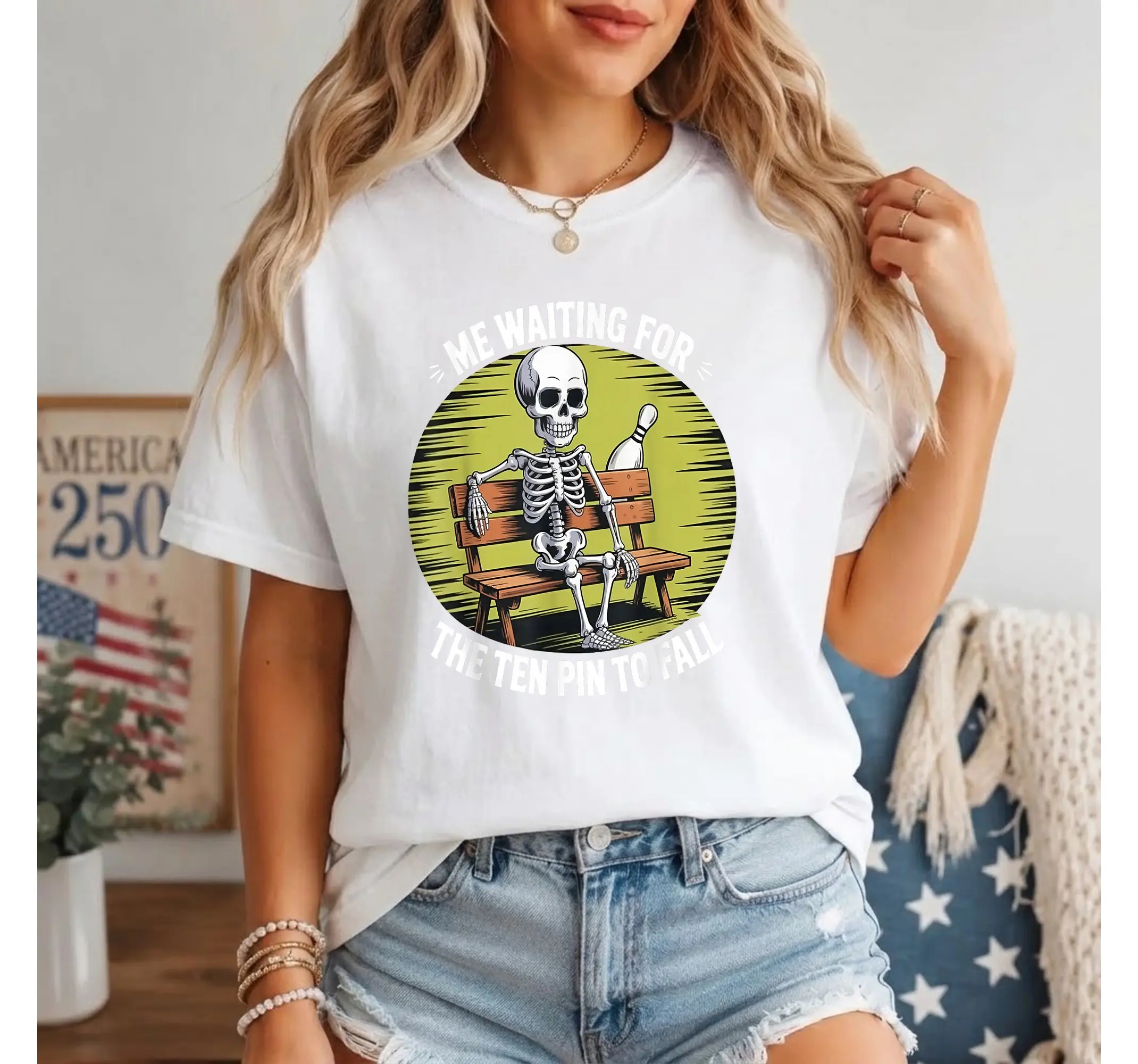 Funny Bowling Skeleton Shirt, Ten Pin Waiting Graphic Tee Humorous Bowler Gift - photo 3