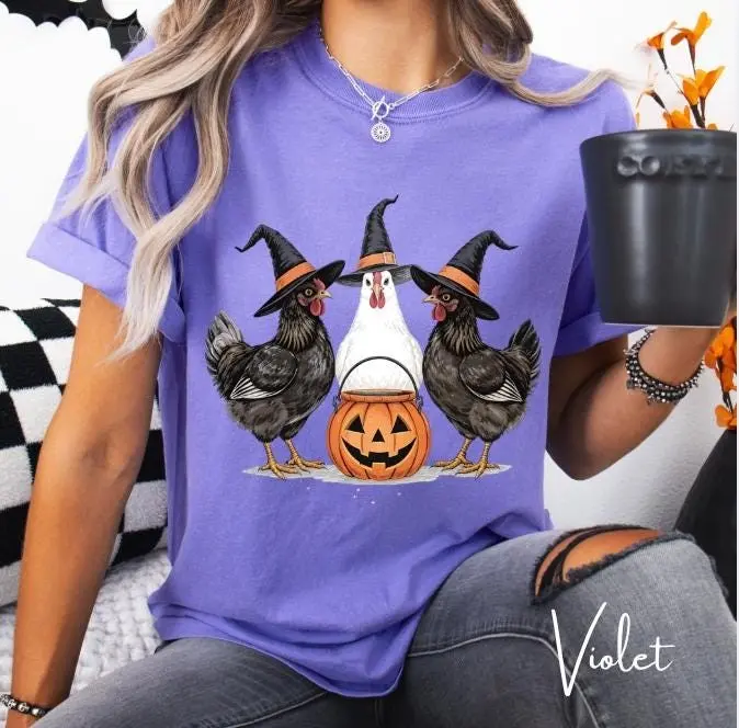 Comfort Colors 1717 Witch Chicken Halloween Shirt, Funny Farm Trick or Treat Pumpkin Spooky Tee Gift