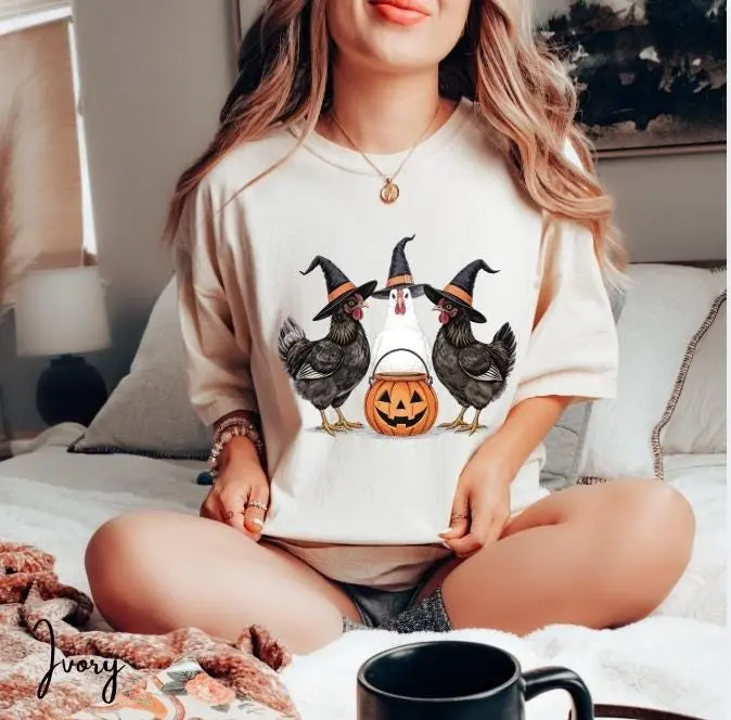 Comfort Colors 1717 Witch Chicken Halloween Shirt, Funny Farm Trick or Treat Pumpkin Spooky Tee Gift - photo 3