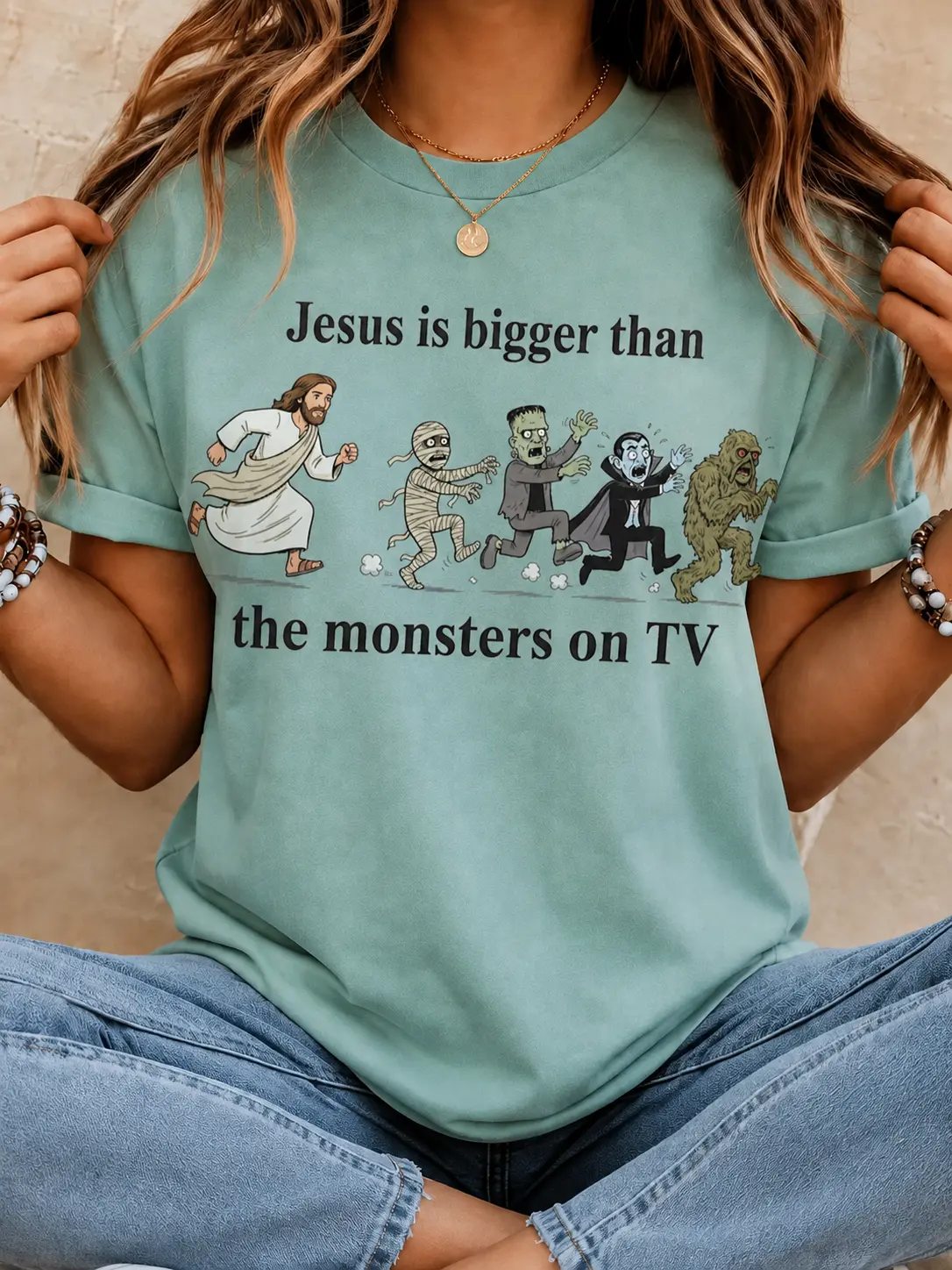 Funny Christian Halloween Family Matching T-Shirts, God Is Bigger Than the Mons 0n TV Crew Neck Kids Tee - photo 2