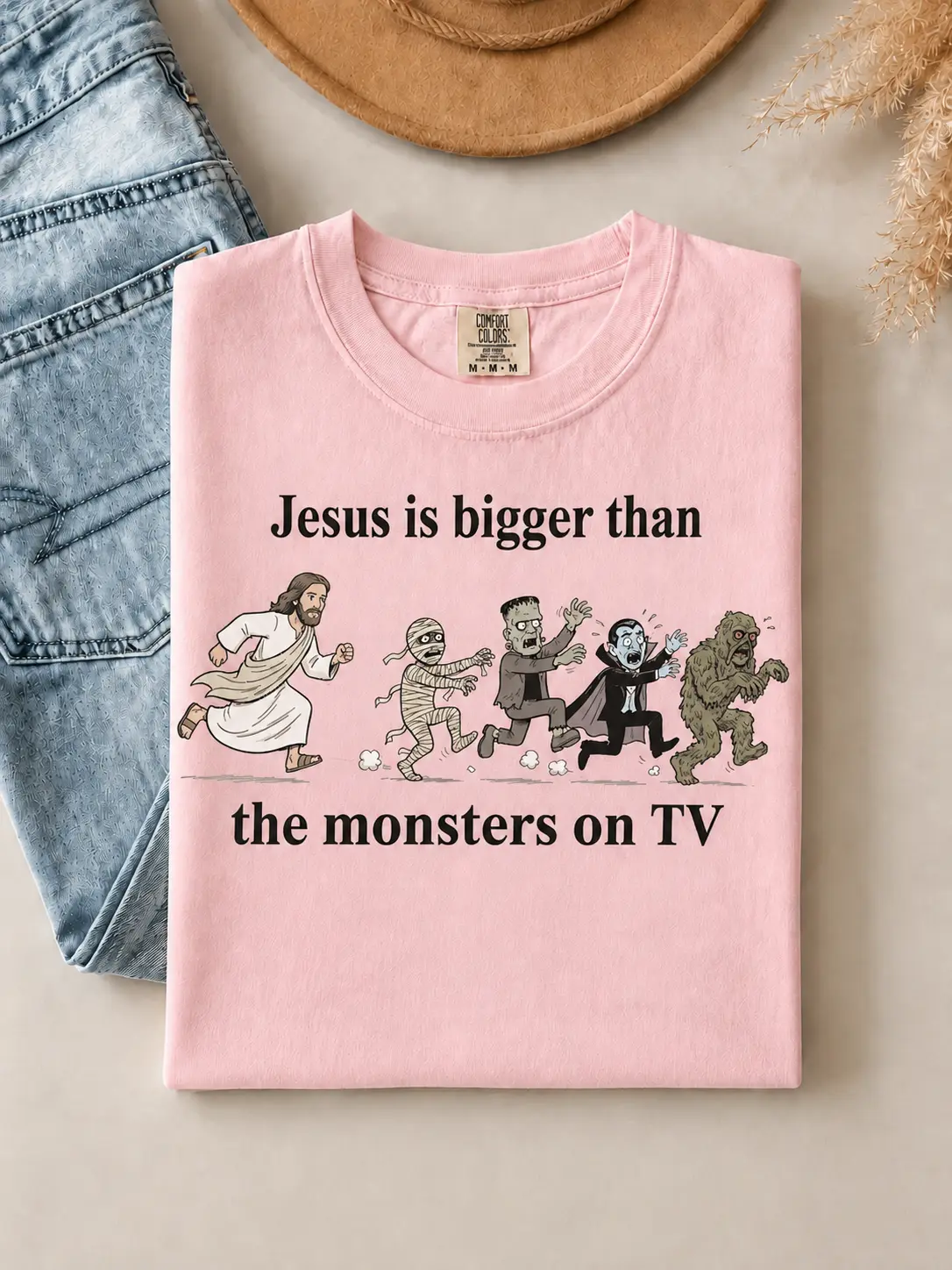 Funny Christian Halloween Family Matching T-Shirts, God Is Bigger Than the Mons 0n TV Crew Neck Kids Tee - photo 3