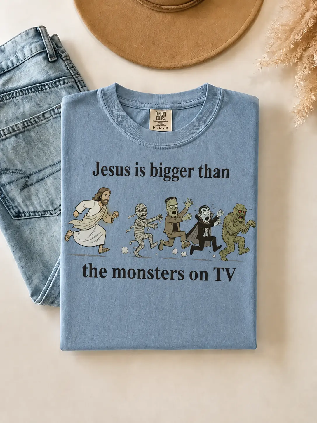Funny Christian Halloween Family Matching T-Shirts, God Is Bigger Than the Mons 0n TV Crew Neck Kids Tee - photo 4