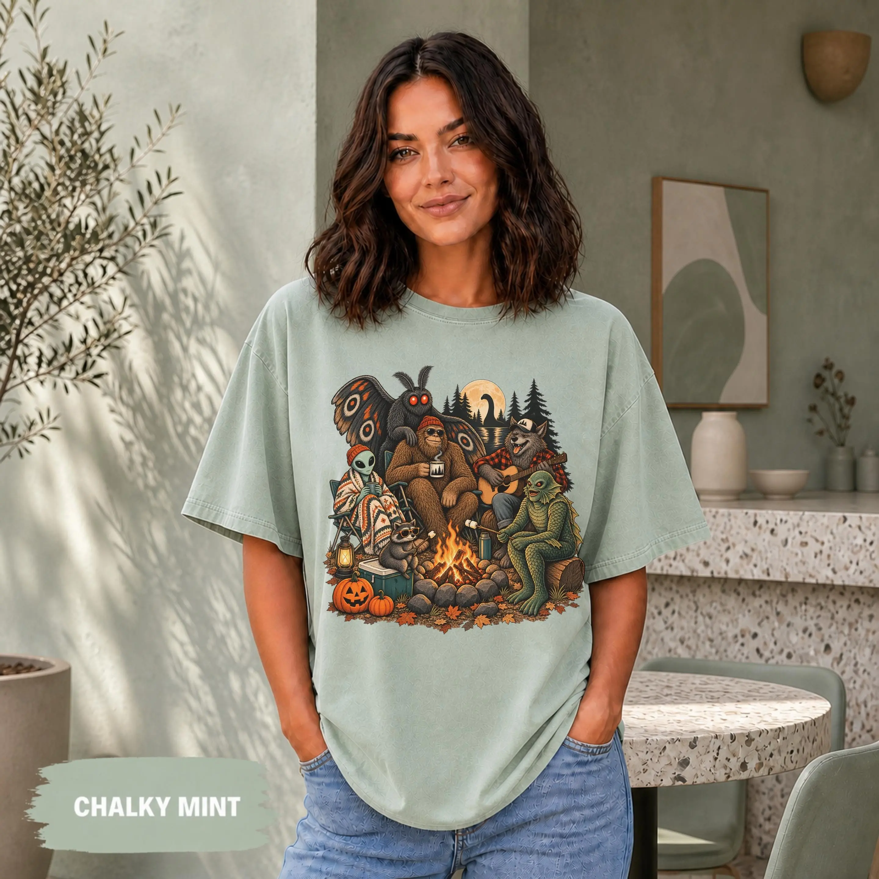 Funny Cryptid Campfire Shirt, Sasquatch Alien Sea Monster Halloween Spooky Friends Autumn Gift - photo 3