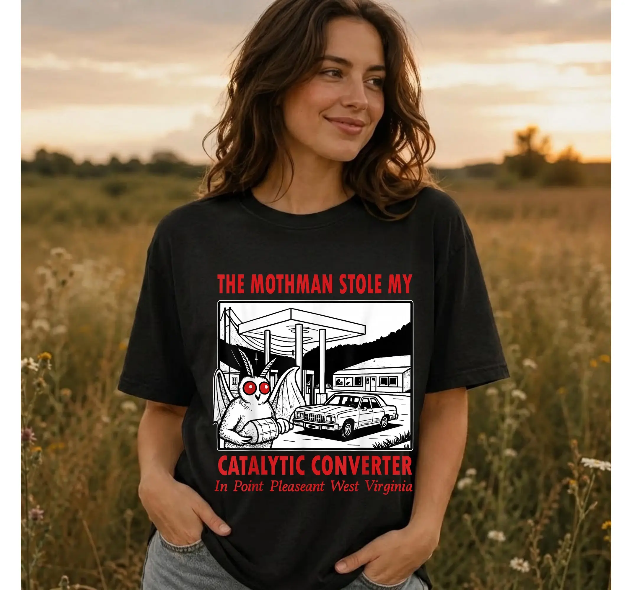 Funny Cryptid Meme Tee, Mothman Catalytic Converter Spooky Retro Shirt