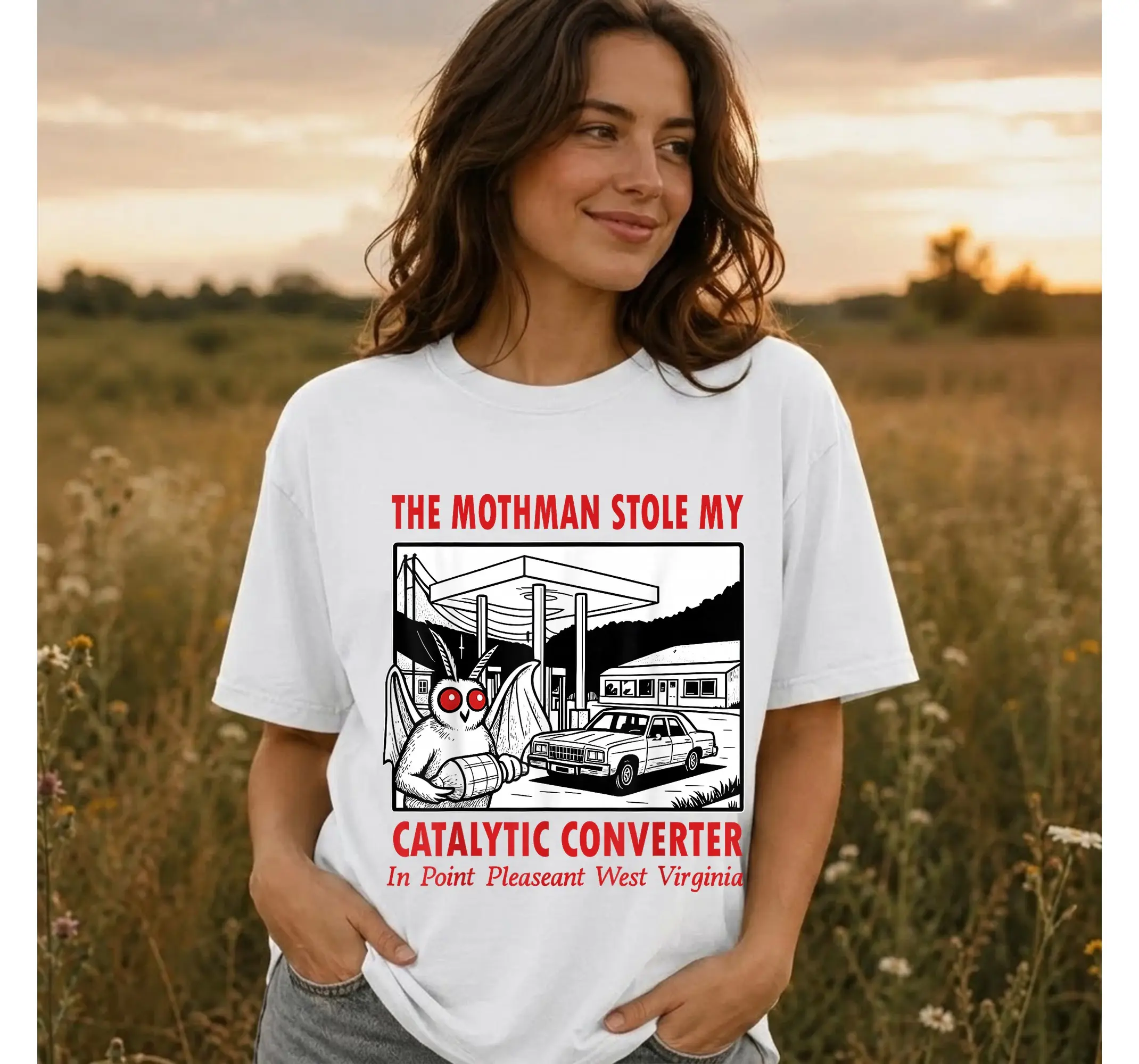 Funny Cryptid Meme Tee, Mothman Catalytic Converter Spooky Retro Shirt - photo 2