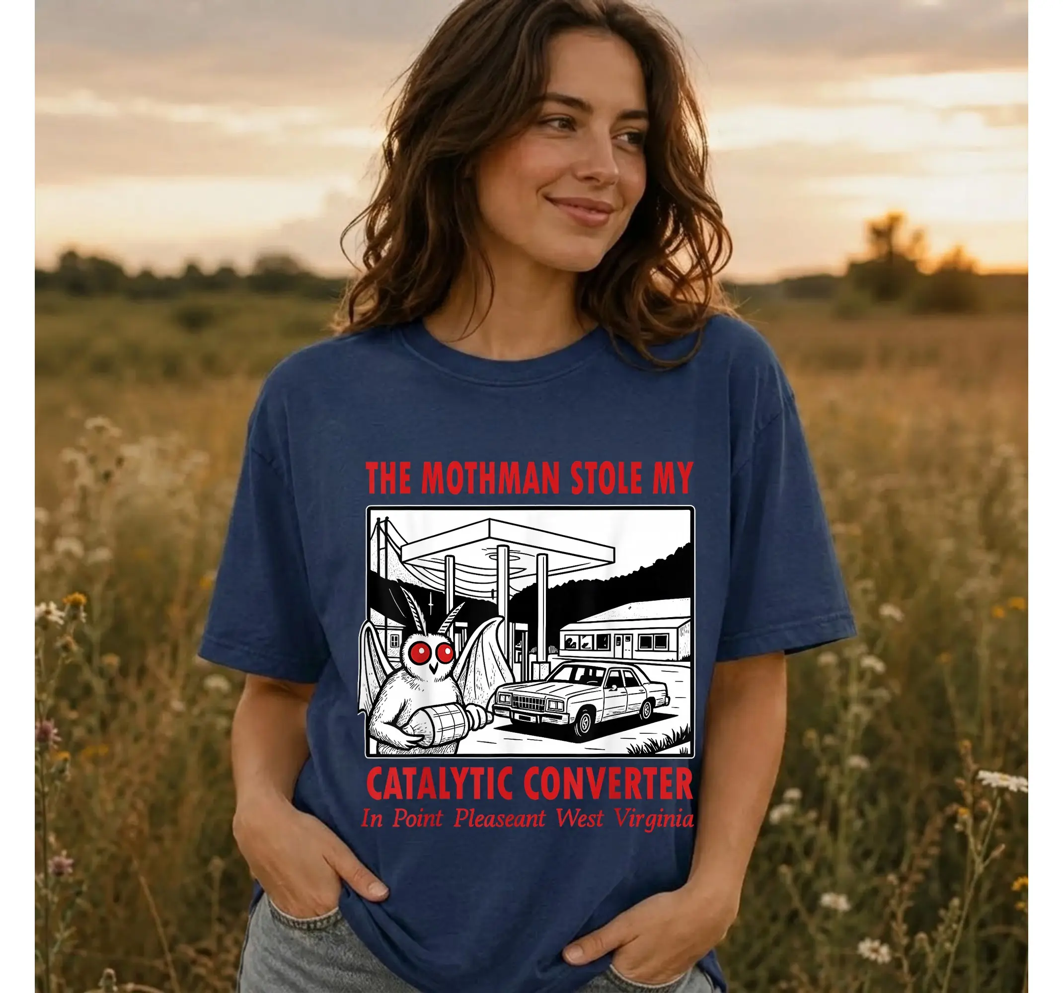 Funny Cryptid Meme Tee, Mothman Catalytic Converter Spooky Retro Shirt - photo 3