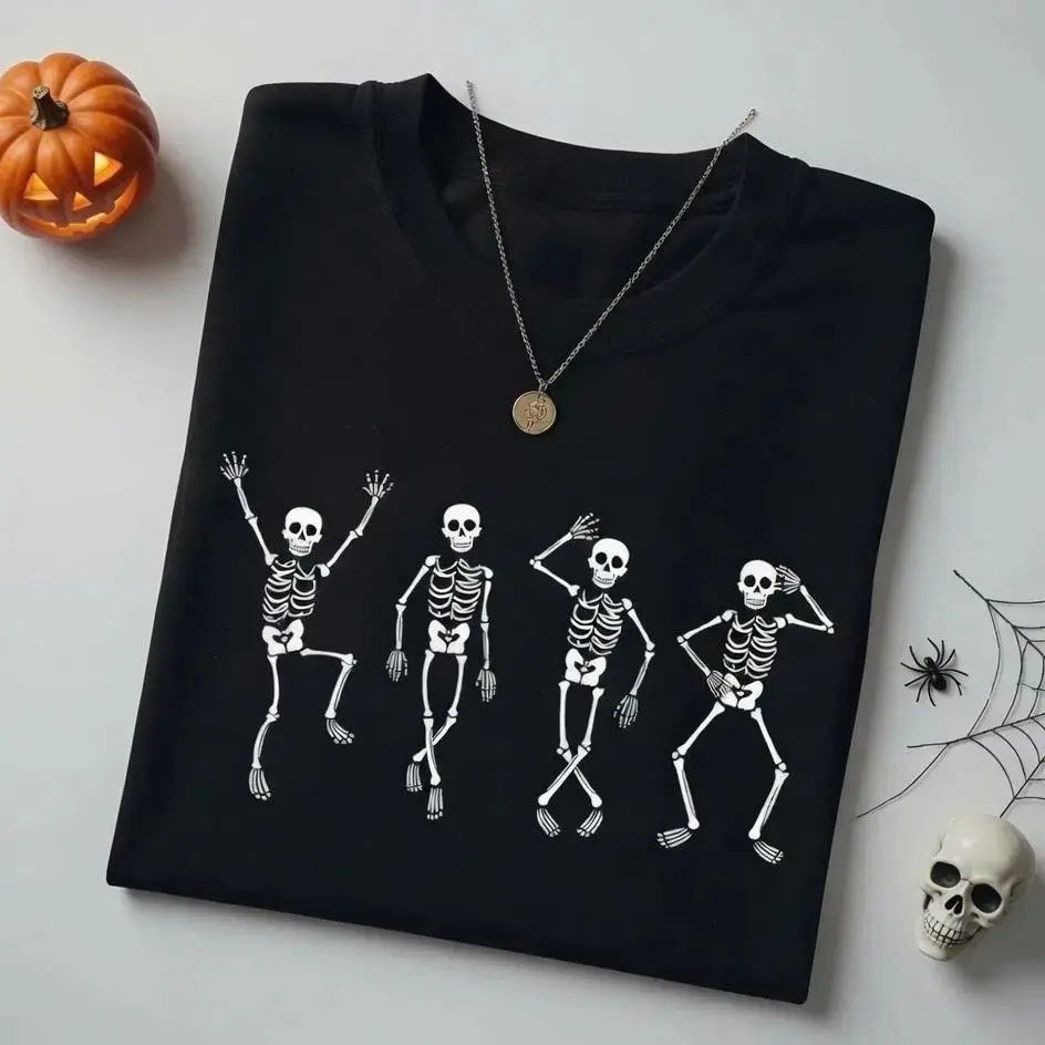 Funny Dancing Skeleton Halloween Shirt for Women, Vintage Spooky Graphic Tee, Cute Retro Fall Dance Top