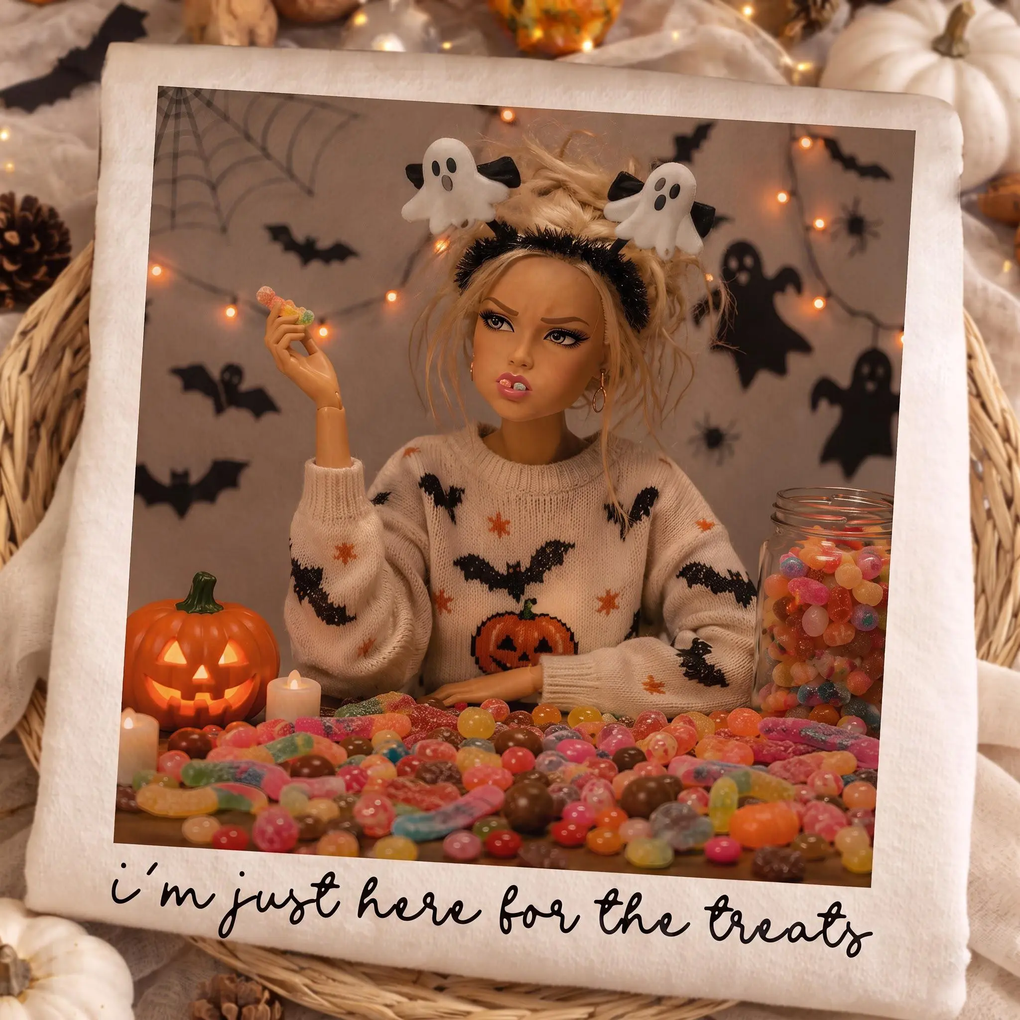 Funny Doll Face Halloween Hoodie, Just Here For The Treats Pullover, Spooky Cute Humor Top