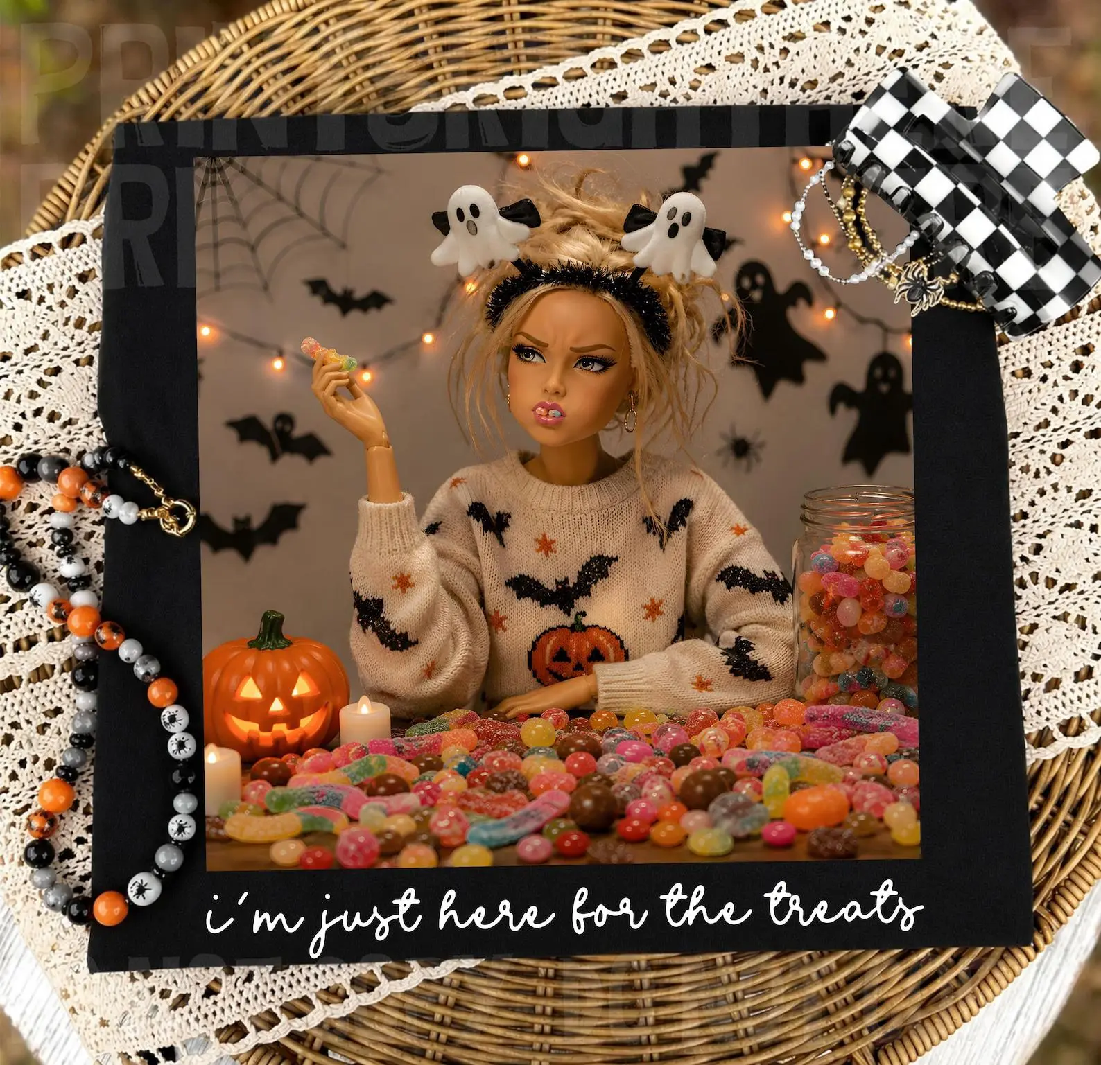 Funny Doll Face Halloween Hoodie, Just Here For The Treats Pullover, Spooky Cute Humor Top - photo 2