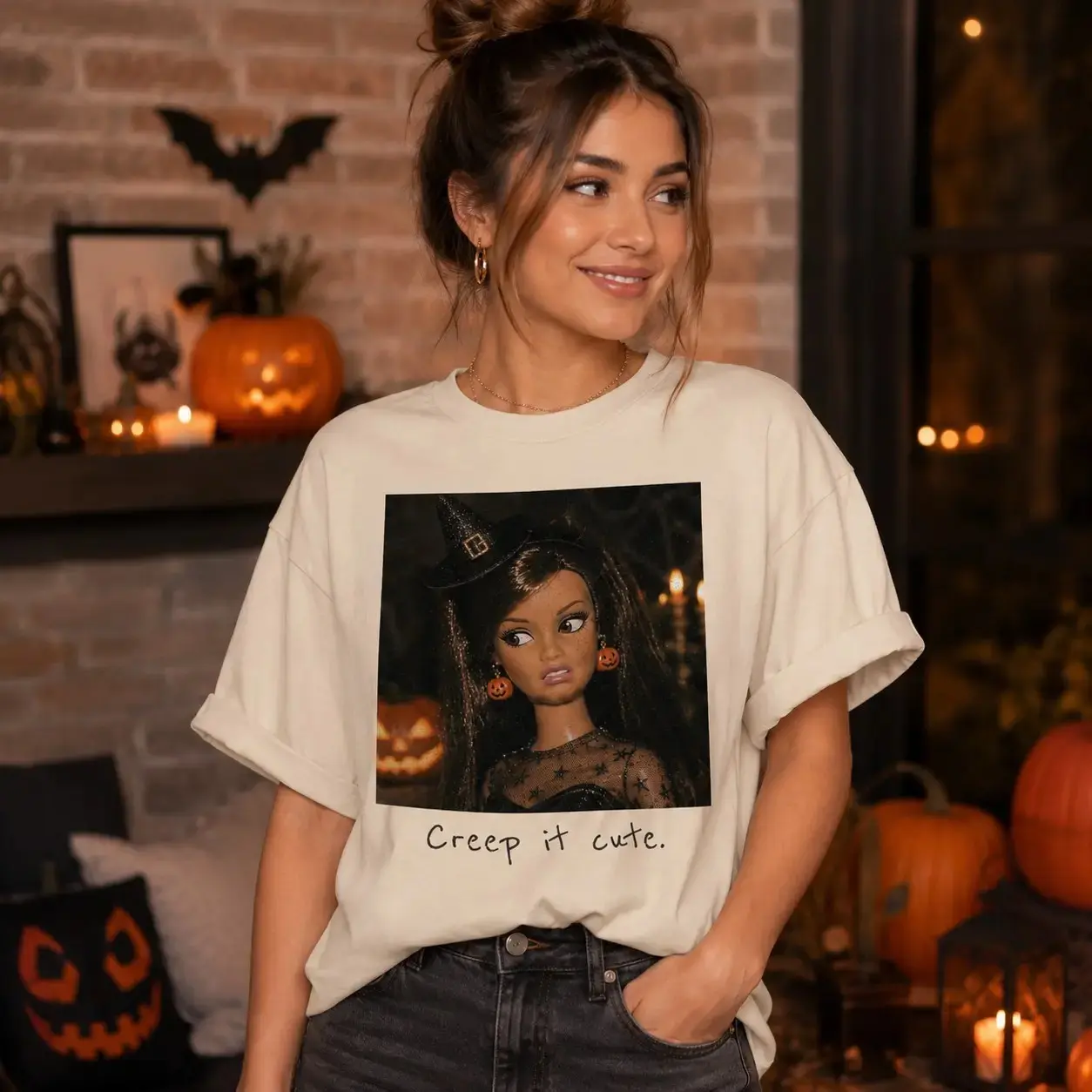 Comfort Colors Funny Doll Face Halloween Shirt, Creep It Cute Trendy Spooky Season Tee for Women