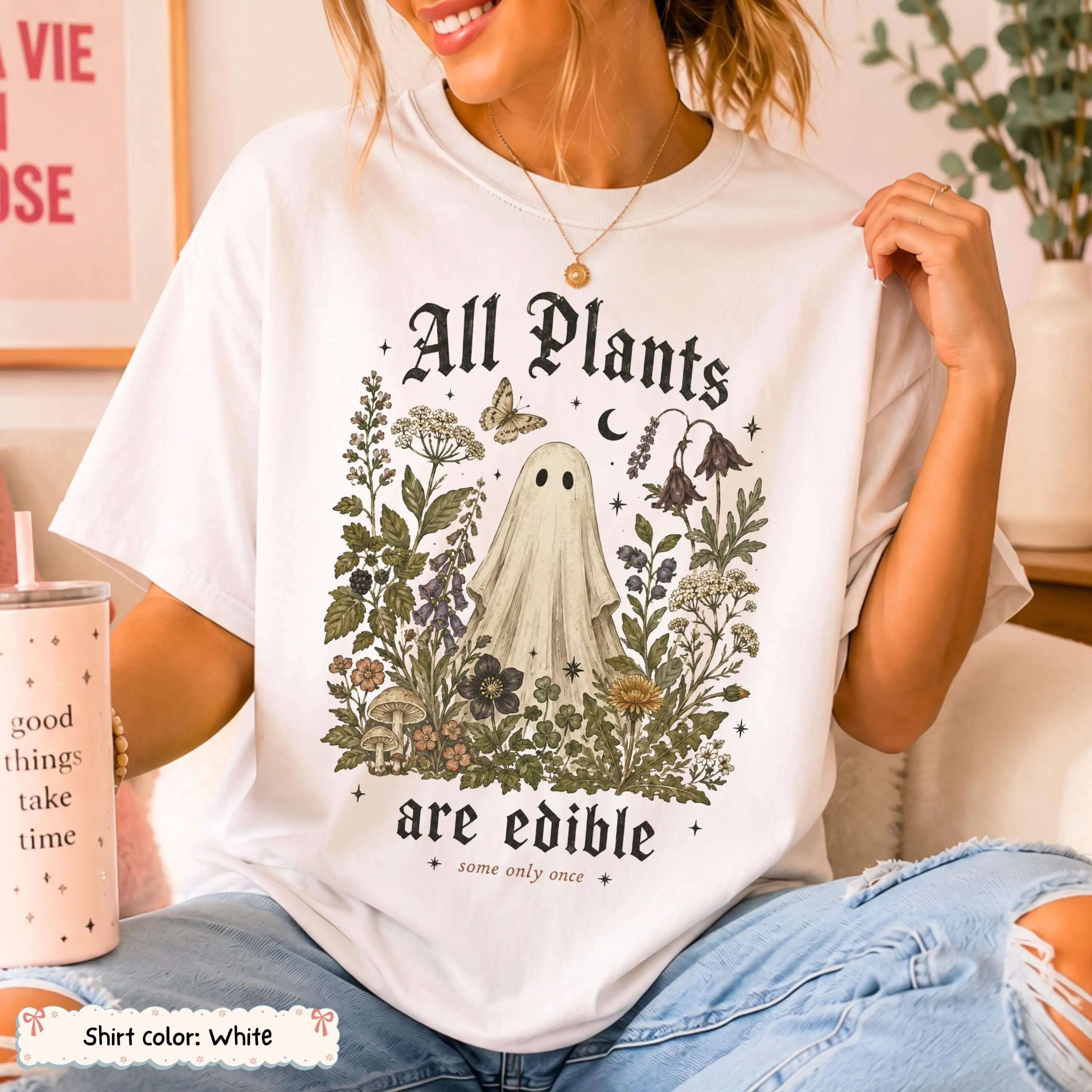 Funny Edible Ghost Halloween Shirt, Cottagecore Botanical Spooky Garden Tee, Goth Nature Botanist Gift - photo 2