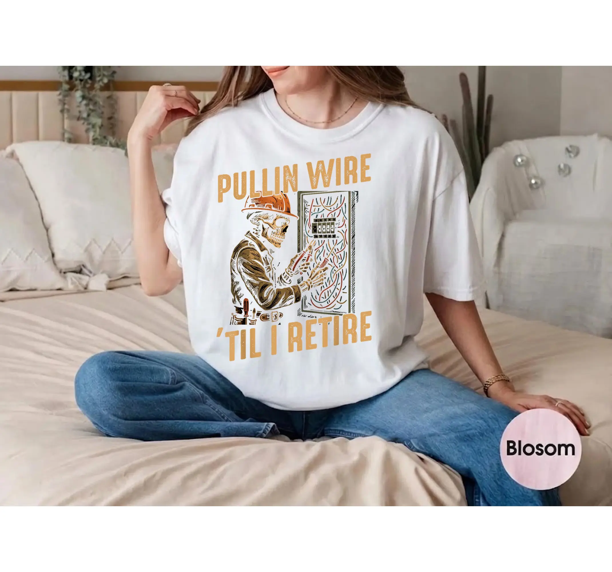 Funny Electrician T-Shirt, Skeleton Pulling Wire Electrical Worker Humor Graphic Tee