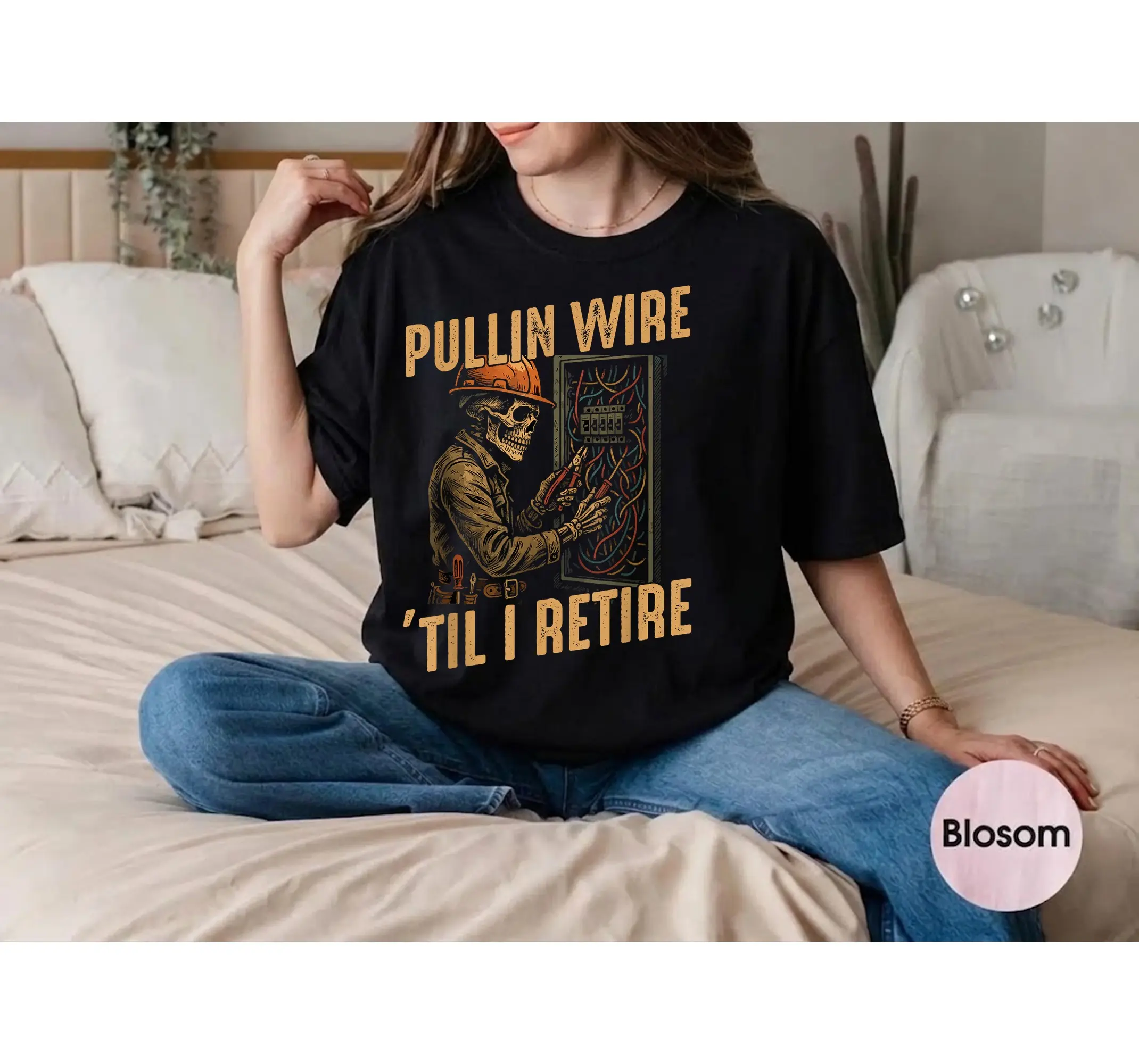 Funny Electrician T-Shirt, Skeleton Pulling Wire Electrical Worker Humor Graphic Tee - photo 2
