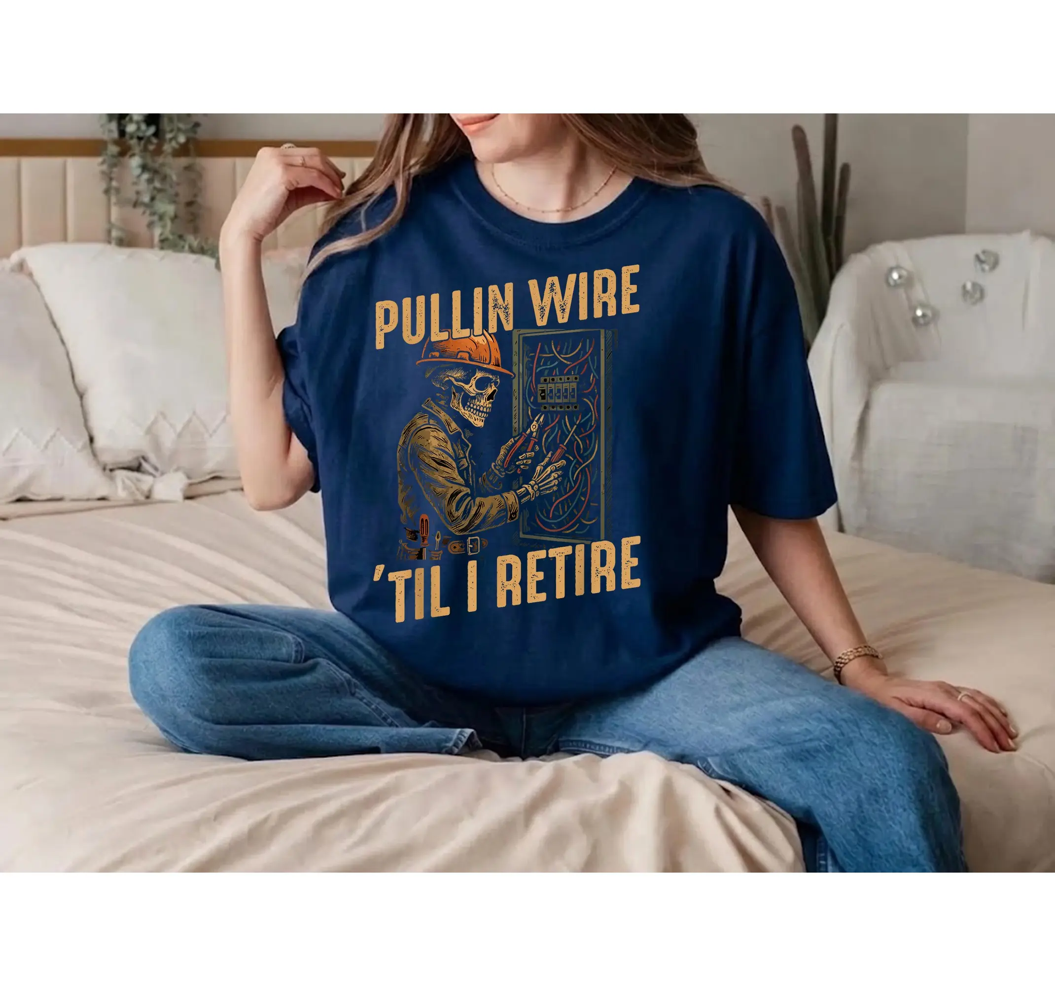 Funny Electrician T-Shirt, Skeleton Pulling Wire Electrical Worker Humor Graphic Tee - photo 3