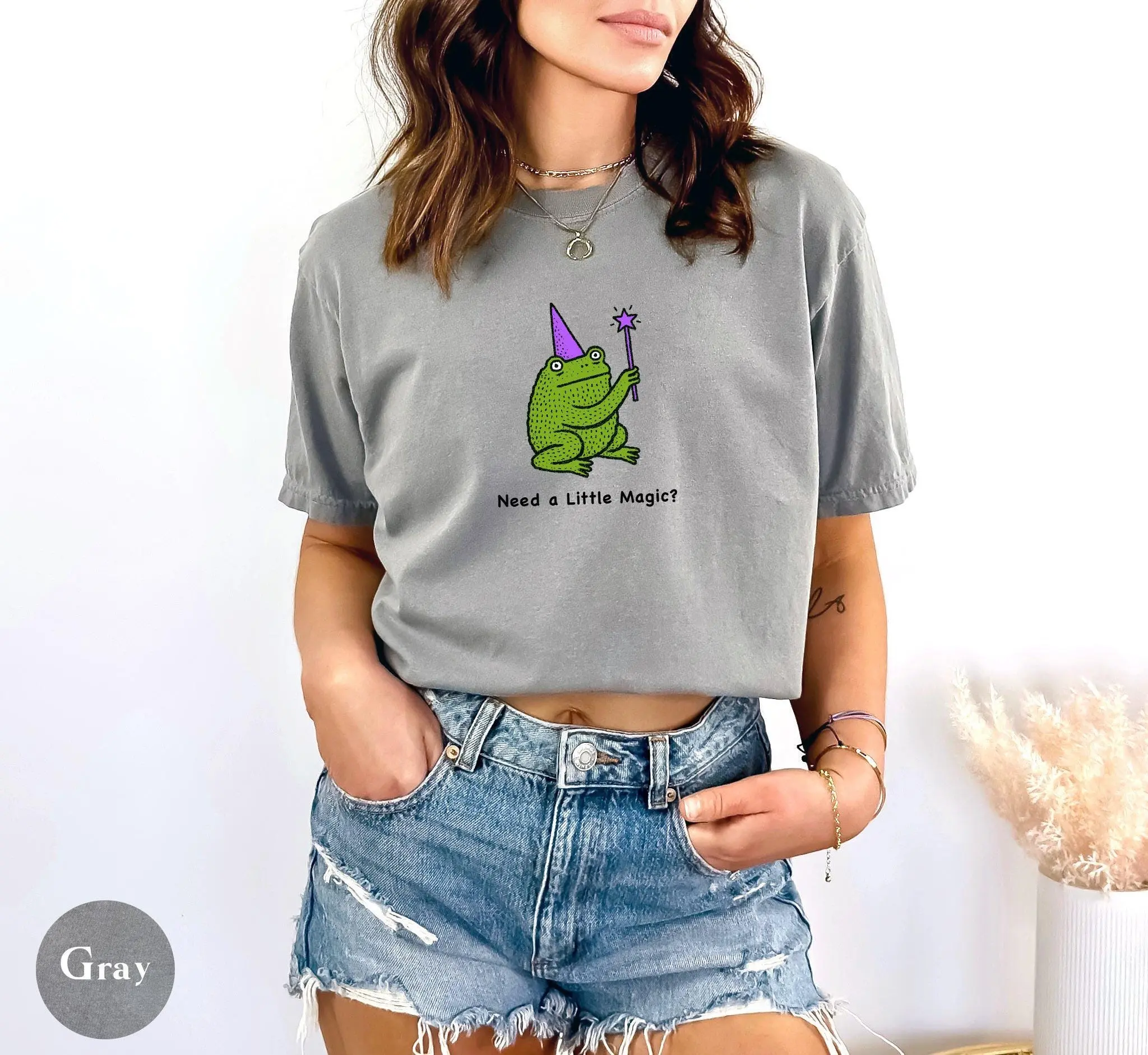 Funny Frog Halloween Shirt, Comfort Colors Minimalist Witch Meme Tee, Need a Little Magic Punny Wizard Spooky Season Top - photo 4