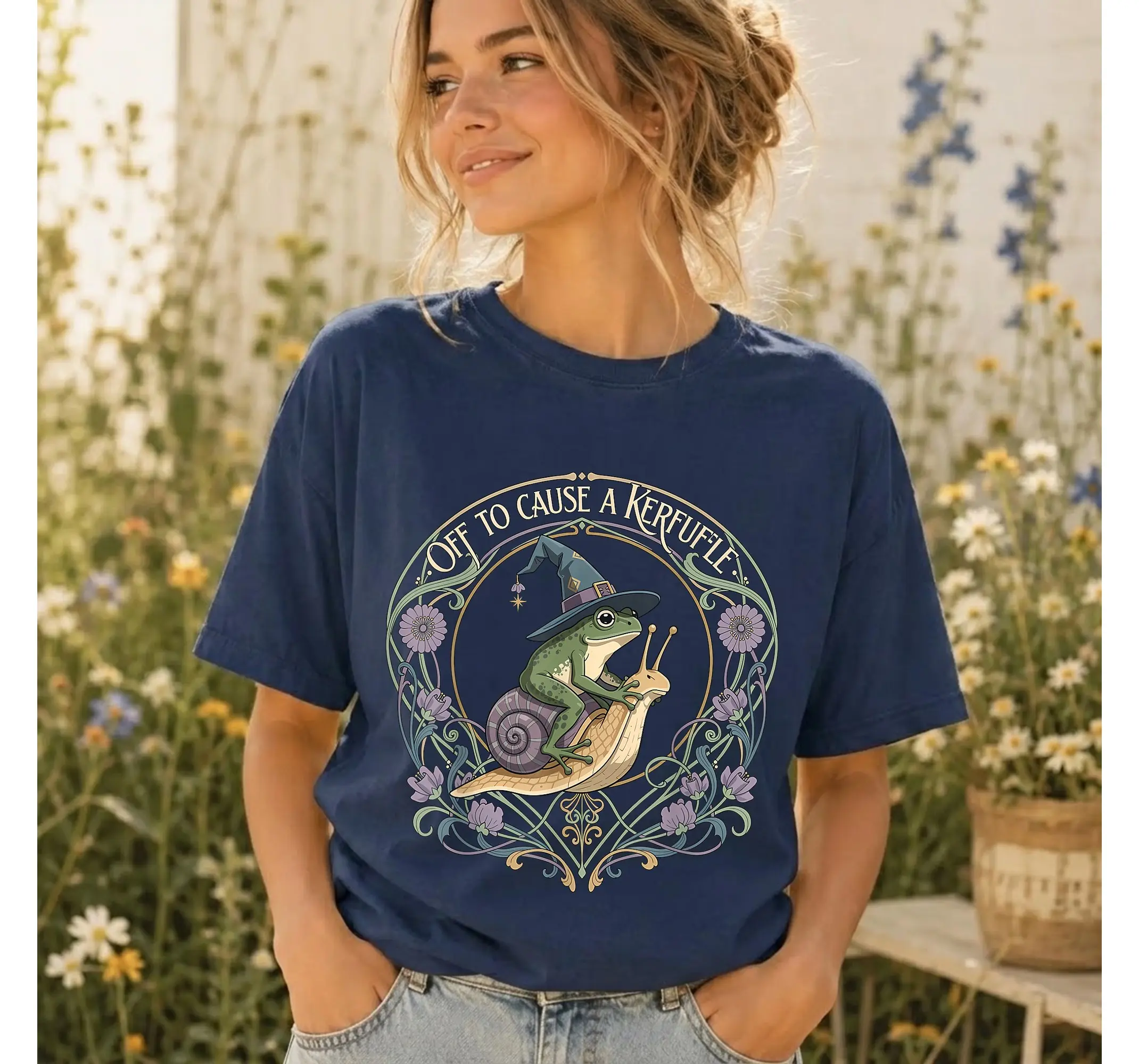 Funny Frog Wizard Snail Meme Shirt, Cottagecore Witchy Chaotic Energy Graphic Tee - photo 2