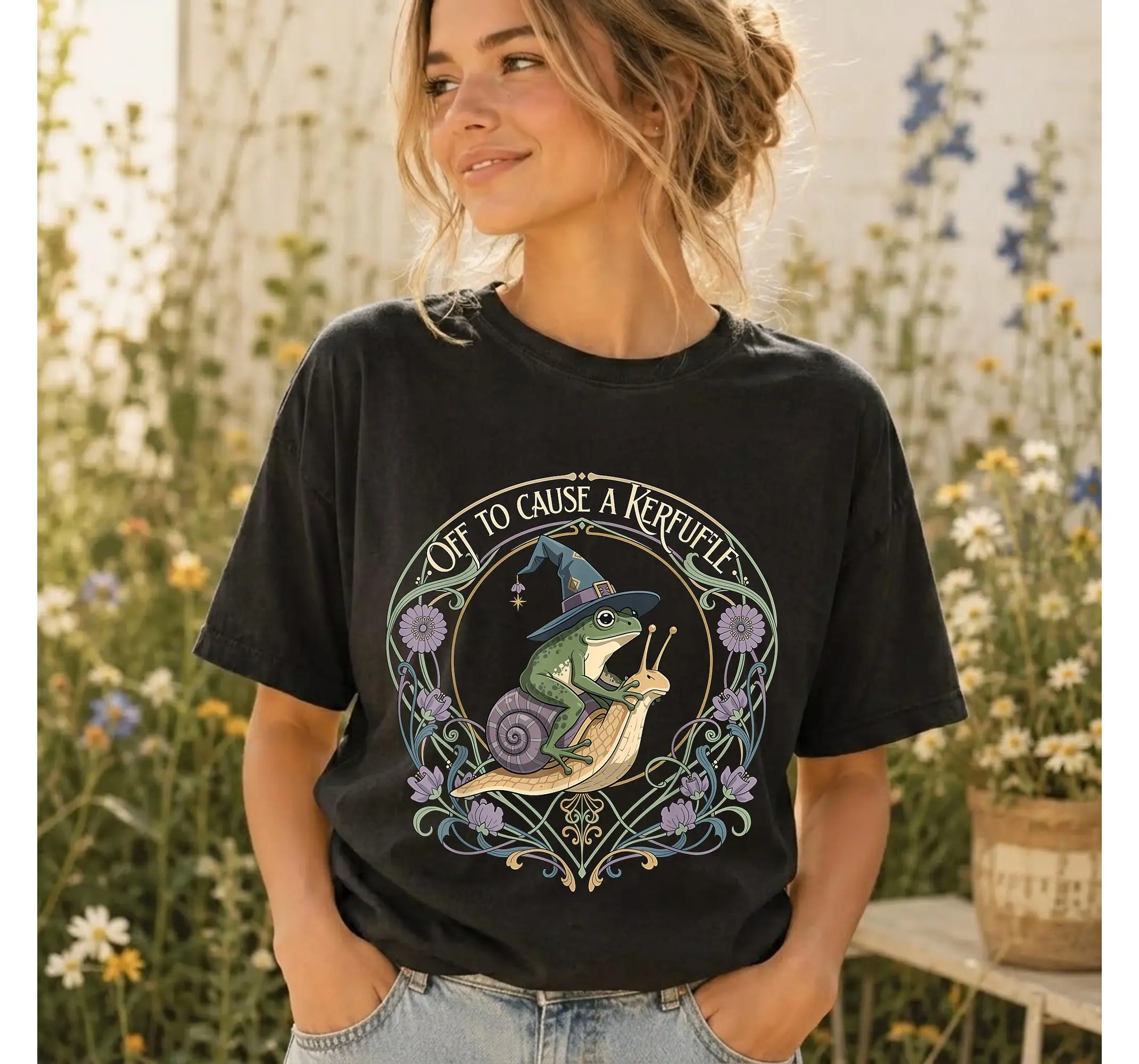 Funny Frog Wizard Snail Meme Shirt, Cottagecore Witchy Chaotic Energy Graphic Tee - photo 3
