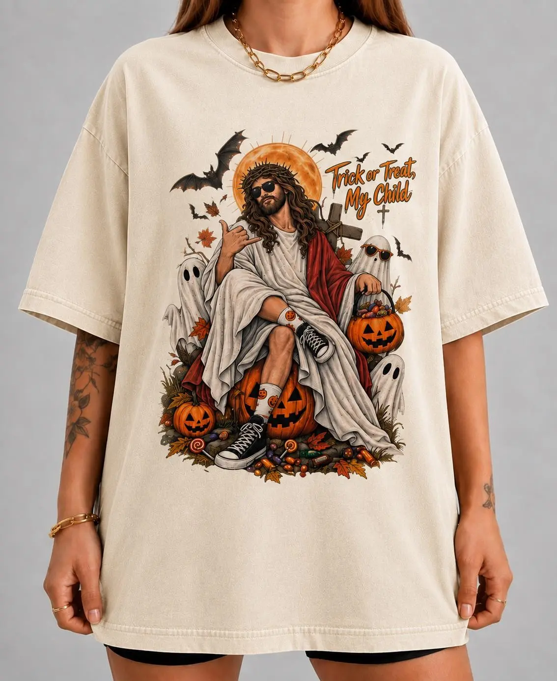 Funny Ghost Jesus Halloween Shirt, Christian Handing Out Candy Cute Pumpkin Graphic Tee