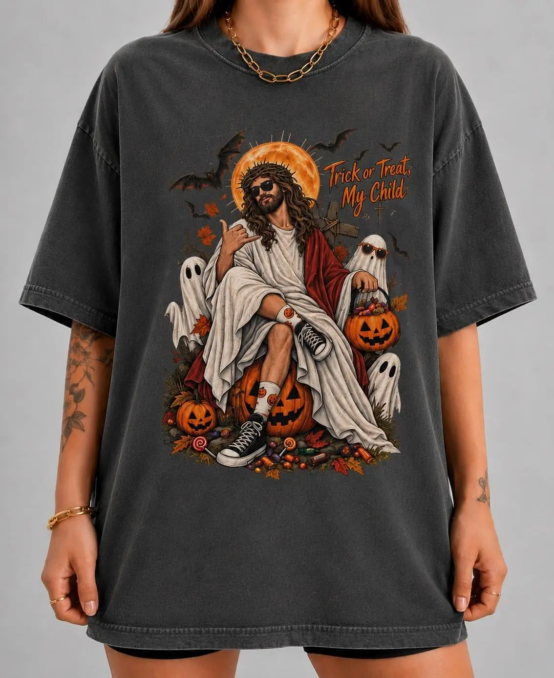 Funny Ghost Jesus Halloween Shirt, Christian Handing Out Candy Cute Pumpkin Graphic Tee - photo 3