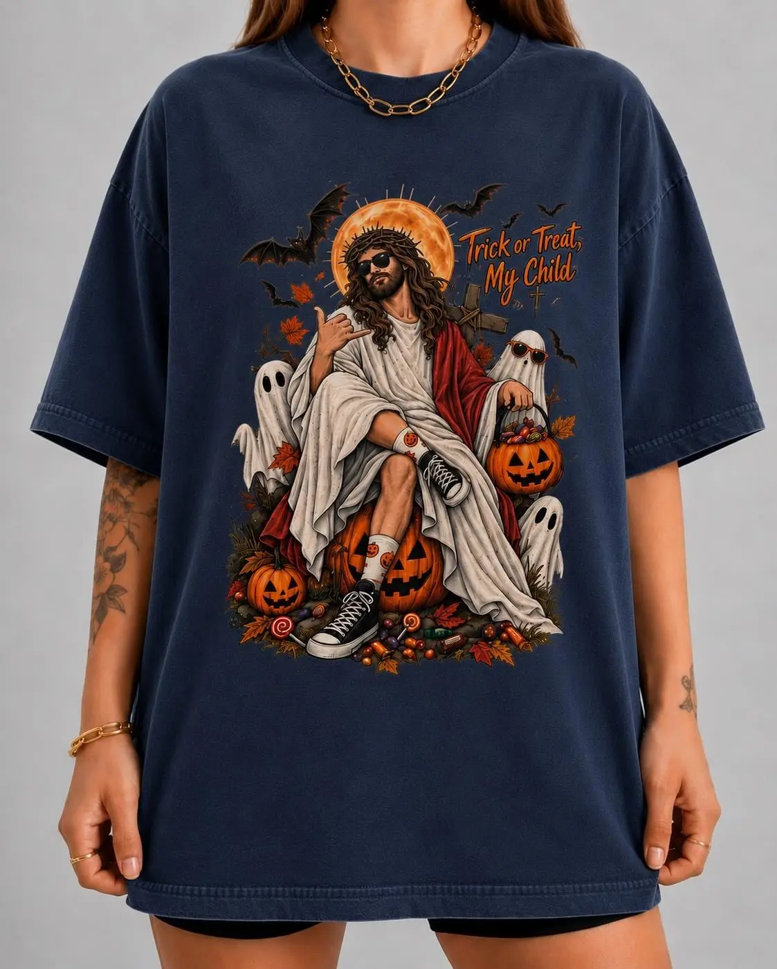 Funny Ghost Jesus Halloween Shirt, Christian Handing Out Candy Cute Pumpkin Graphic Tee - photo 4