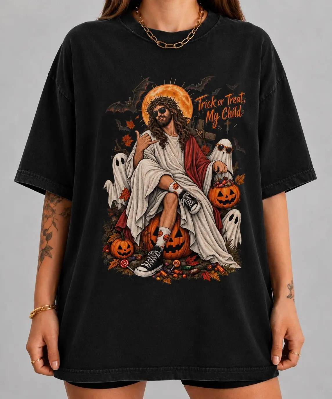 Funny Ghost Jesus Halloween Sweatshirt, Christian Handing Out Candy Cute Pumpkin Graphic Crewneck - photo 2