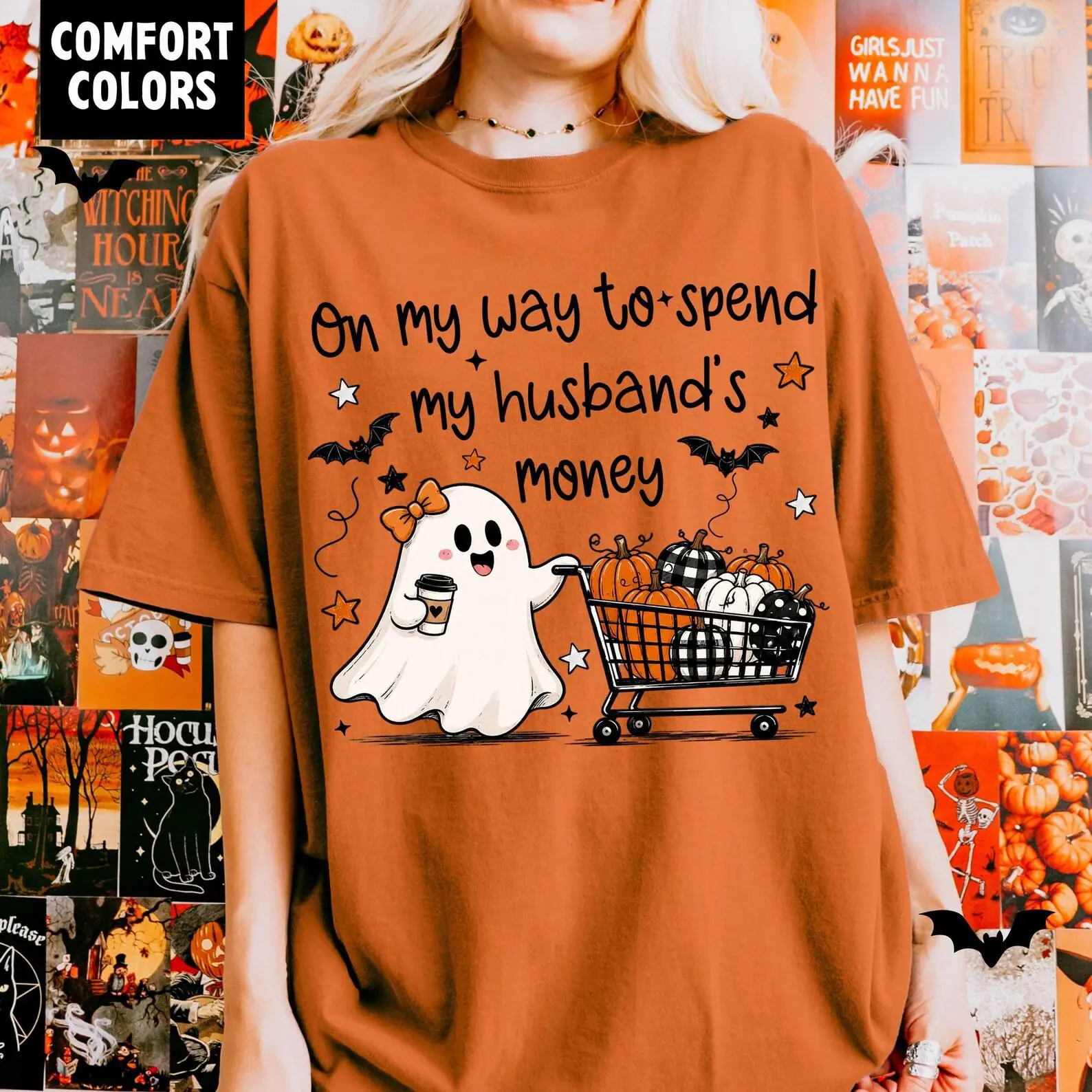 Funny Ghost On My Way To Spend My Husband's Money Comfort Colors Shirt, Retro Halloween Tee Gift from Wife