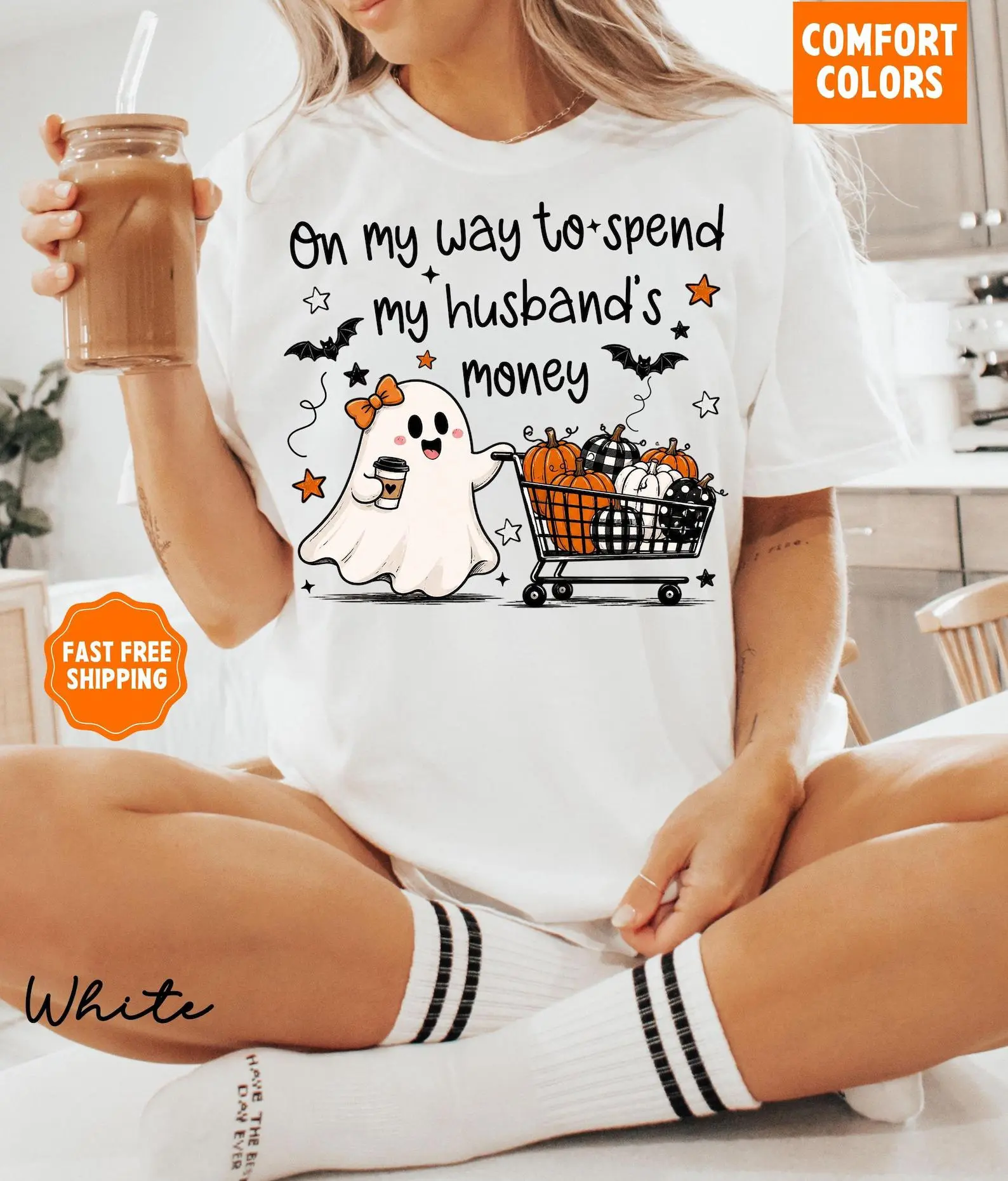 Funny Ghost On My Way To Spend My Husband's Money Comfort Colors Shirt, Retro Halloween Tee Gift from Wife - photo 3