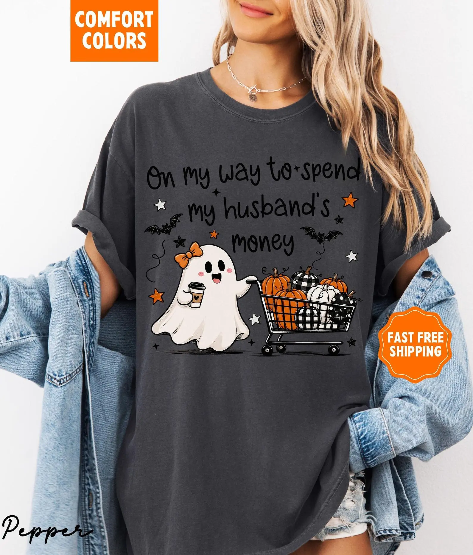 Funny Ghost On My Way To Spend My Husband's Money Comfort Colors Shirt, Retro Halloween Tee Gift from Wife - photo 5