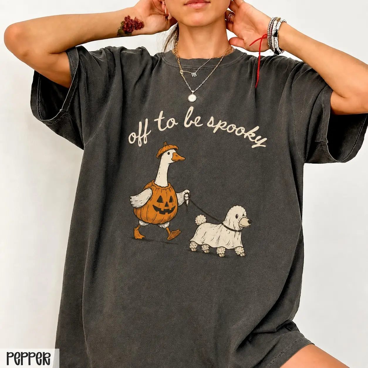 Off to Be Spooky Goose Halloween Sweatshirt, Funny Walking Ghost Dog Cute Pumpkin Fall Season Graphic Top