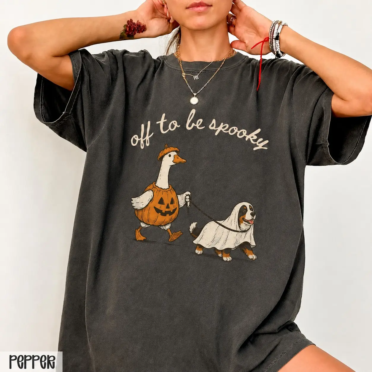 Off to Be Spooky Goose Halloween Sweatshirt, Funny Walking Ghost Dog Cute Pumpkin Fall Season Graphic Top - photo 2